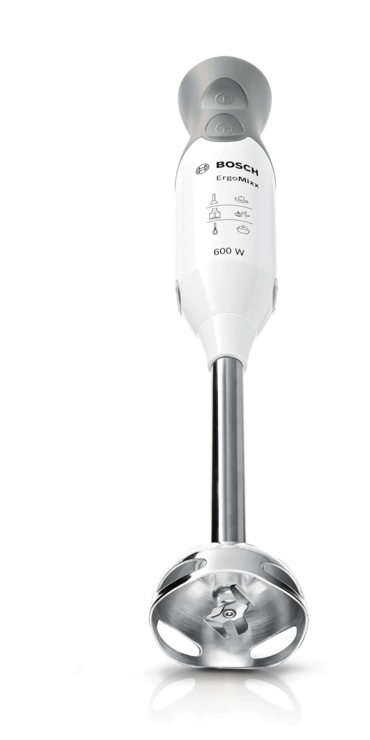 Bosch, blender ręczny ErgoMixx, 600 W, 12 prędkości, Turbo, QuattroBlade, rozdrabniacz, końcówka do puree, ubijaczka, pojemnik z miarką, MSM66155, biały