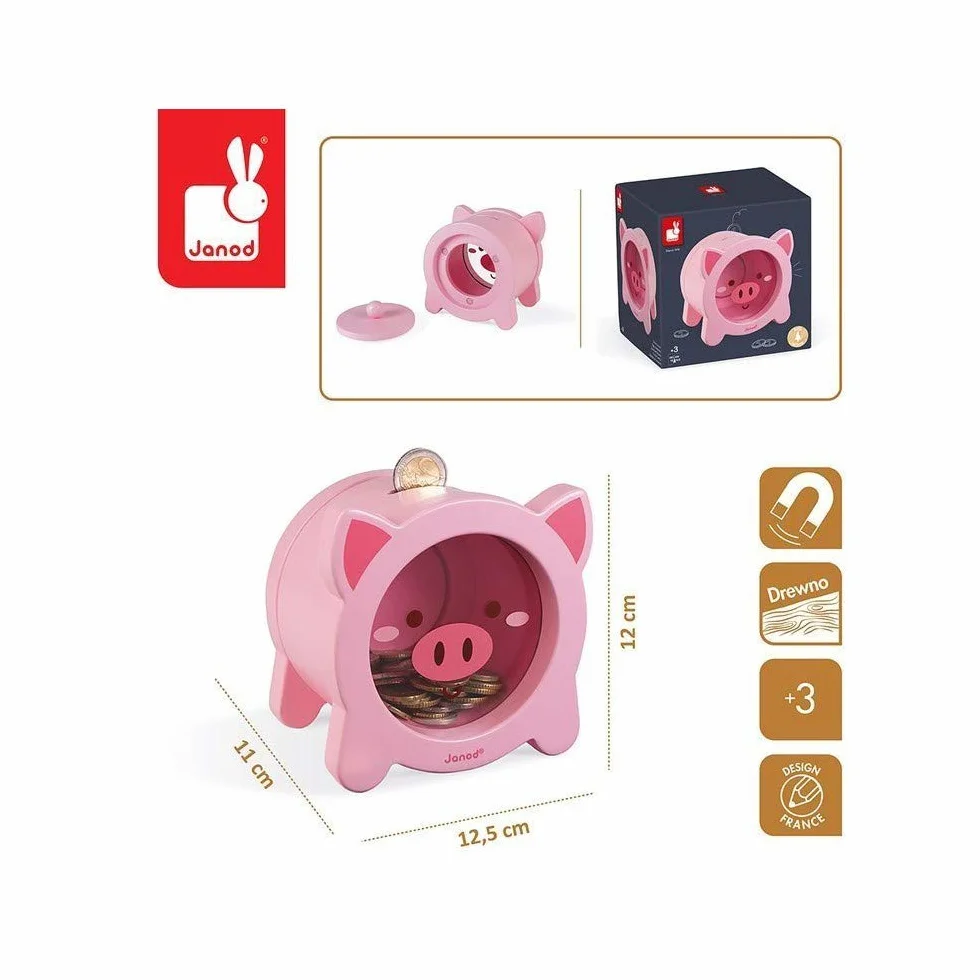 Janod - Wooden Children’s Piggy Bank 5.9 inch - See-Through Side and Magnetic Opening - Children's Room Decoration - Suitable for Ages 3 and Up, J04653