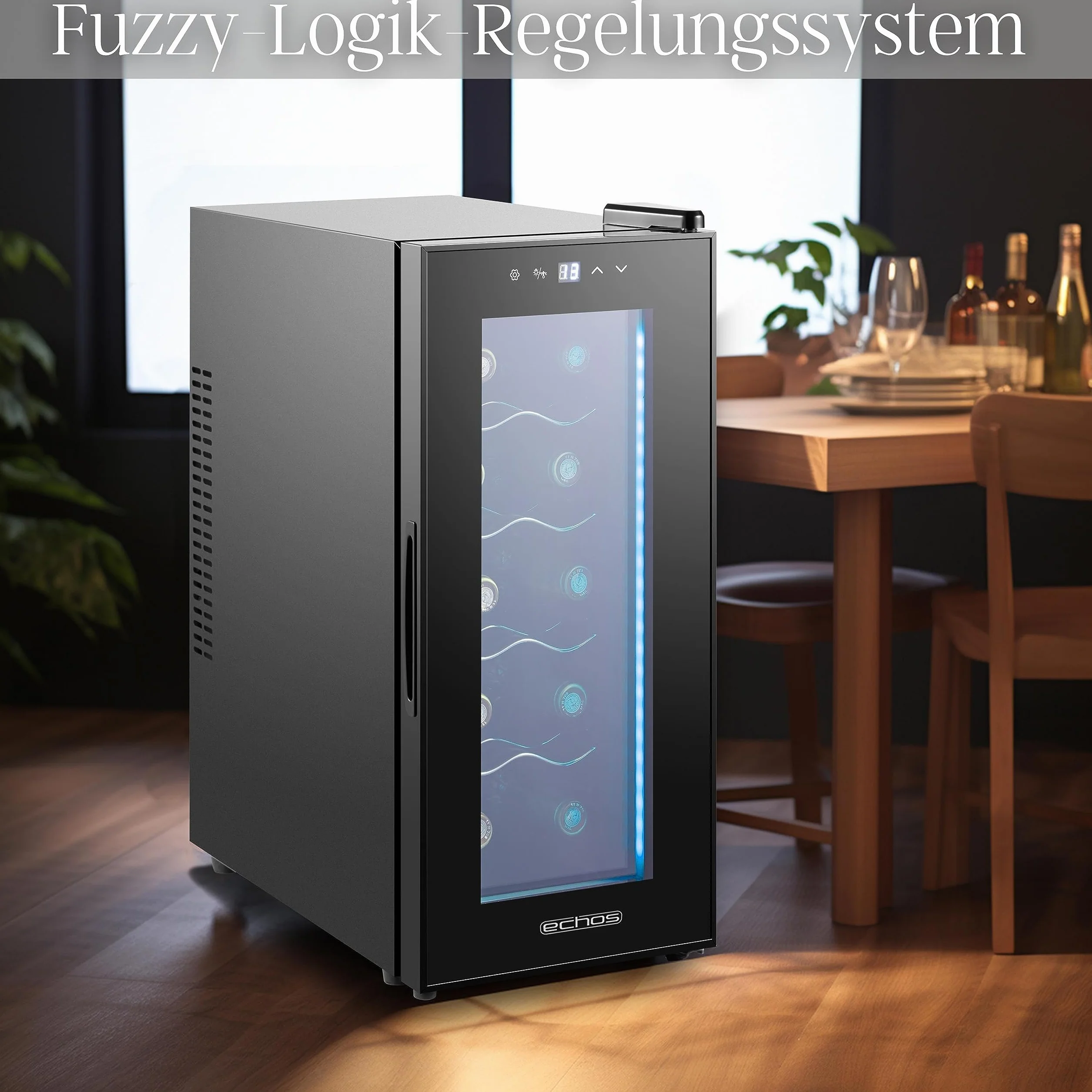 Echos Lodówka na wino, na 10 butelek, 28 l, oświetlenie LED, chłodziarka do wina, mini lodówka na wino, mini bar ze szklanymi drzwiczkami