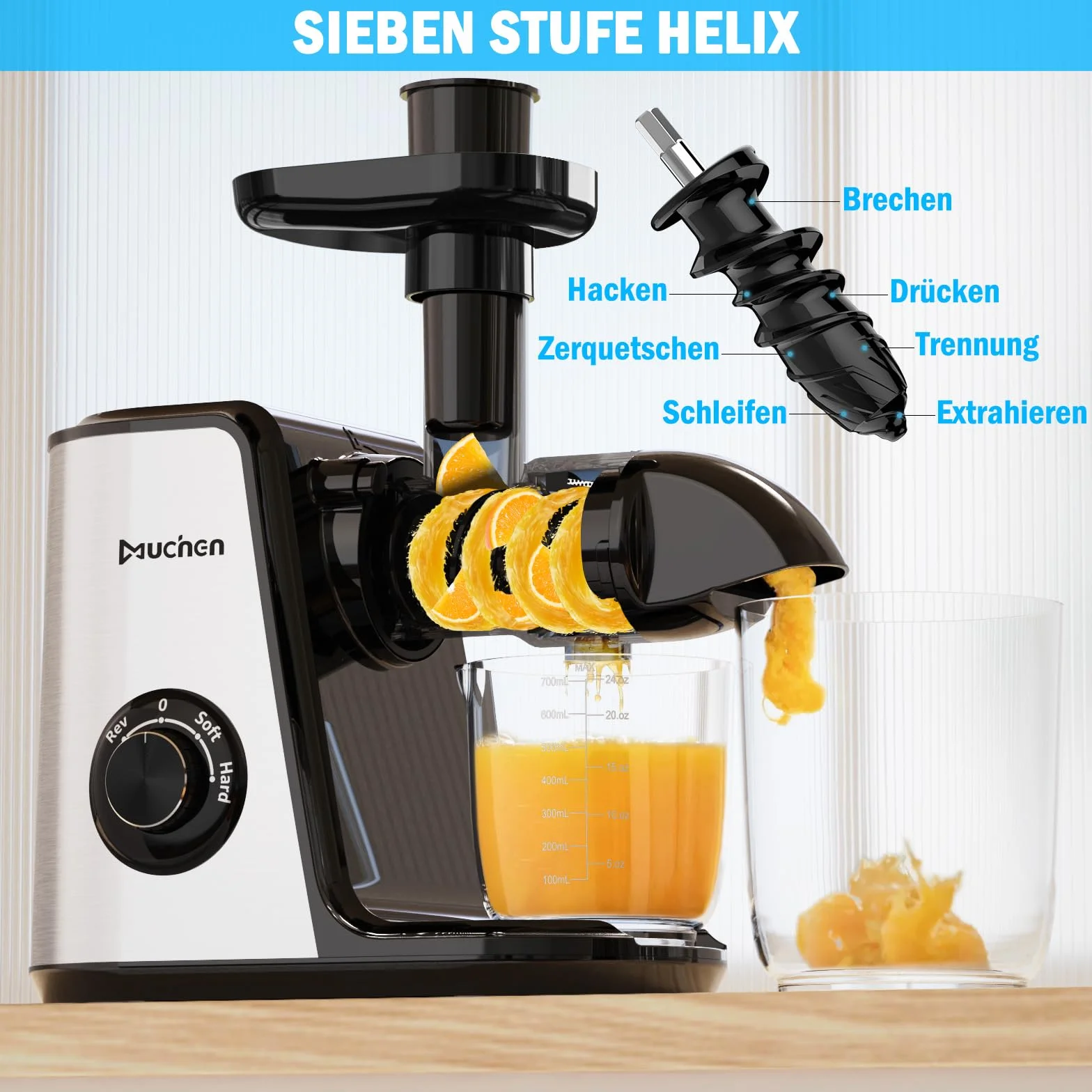 Muchen Slow Juicer sokowirówka do owoców i warzyw, cichy silnik, łatwe czyszczenie z funkcją żucia wstecznego, 150 W, ze stali nierdzewnej, kolor czarny, srebrny, w zestawie książka z przepisami
