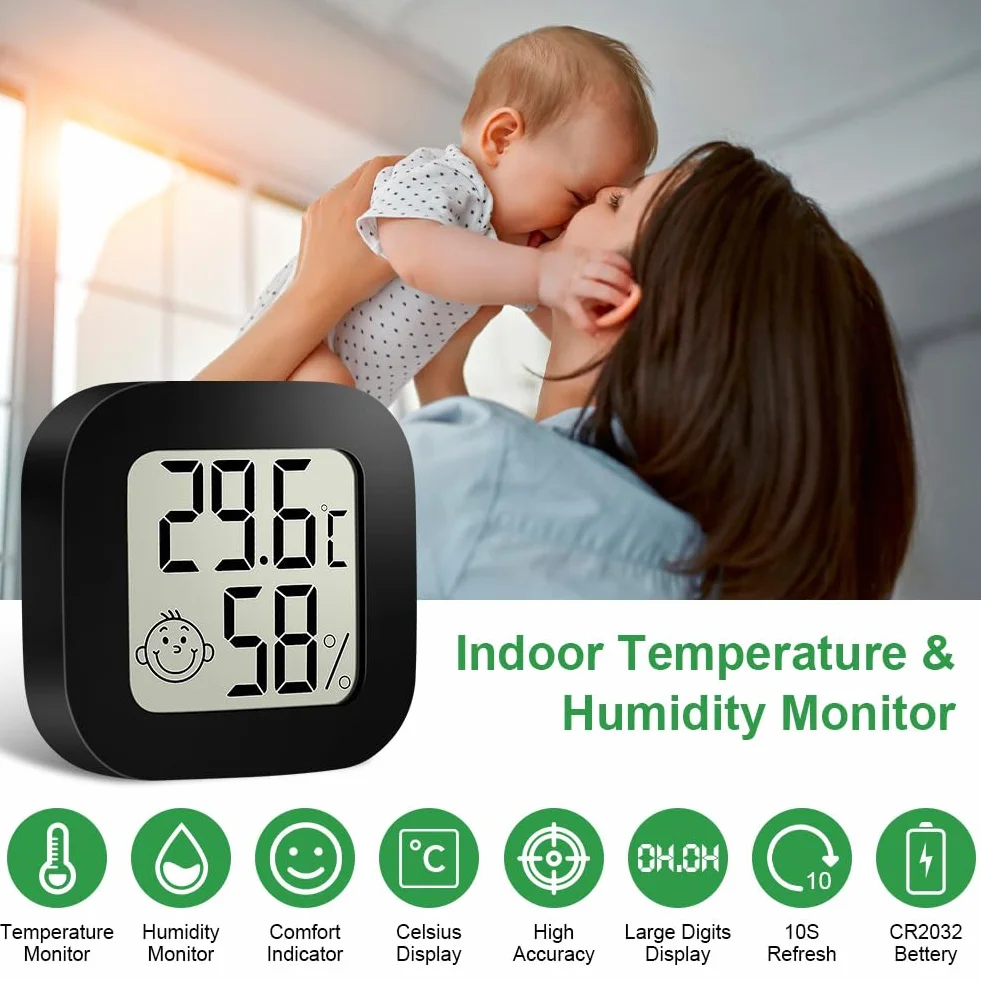 Ainiv Cyfrowy mini higrometr/termometr pokojowy, do pomieszczeń, z wyświetlaczem LCD i ikonami twarzy, z monitorem wilgotności/temperatury, do sypialni, pokoju dziecięcego, samochodu, 2 sztuki