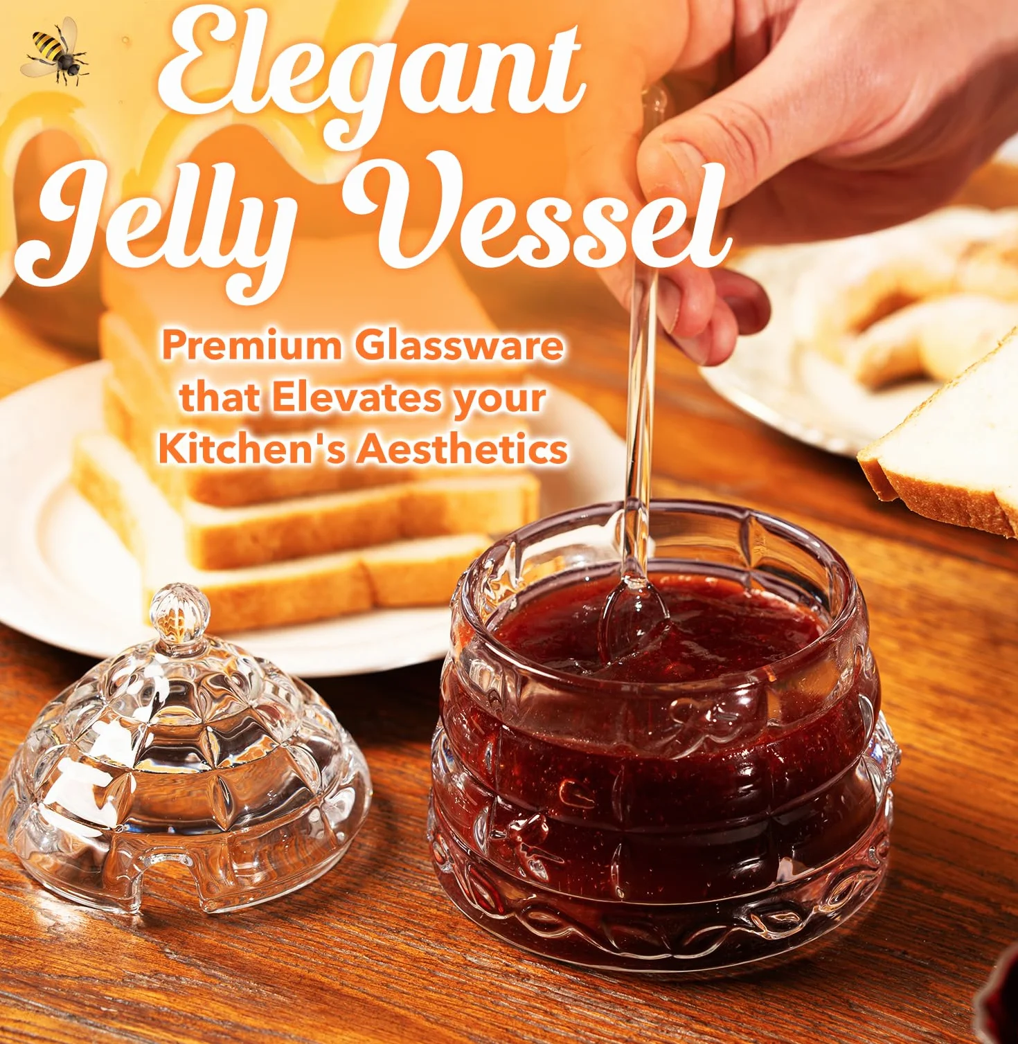 Elegancki szklany słoik na miód "Crystal" z 2 szklankami + 1 drewnianą łyżką i 1 przezroczystą łyżką, wzór ula, pojemnik 295 ml, idealny do cukru, marmolady i dżemu, trwały i stylowy wielofunkcyjny