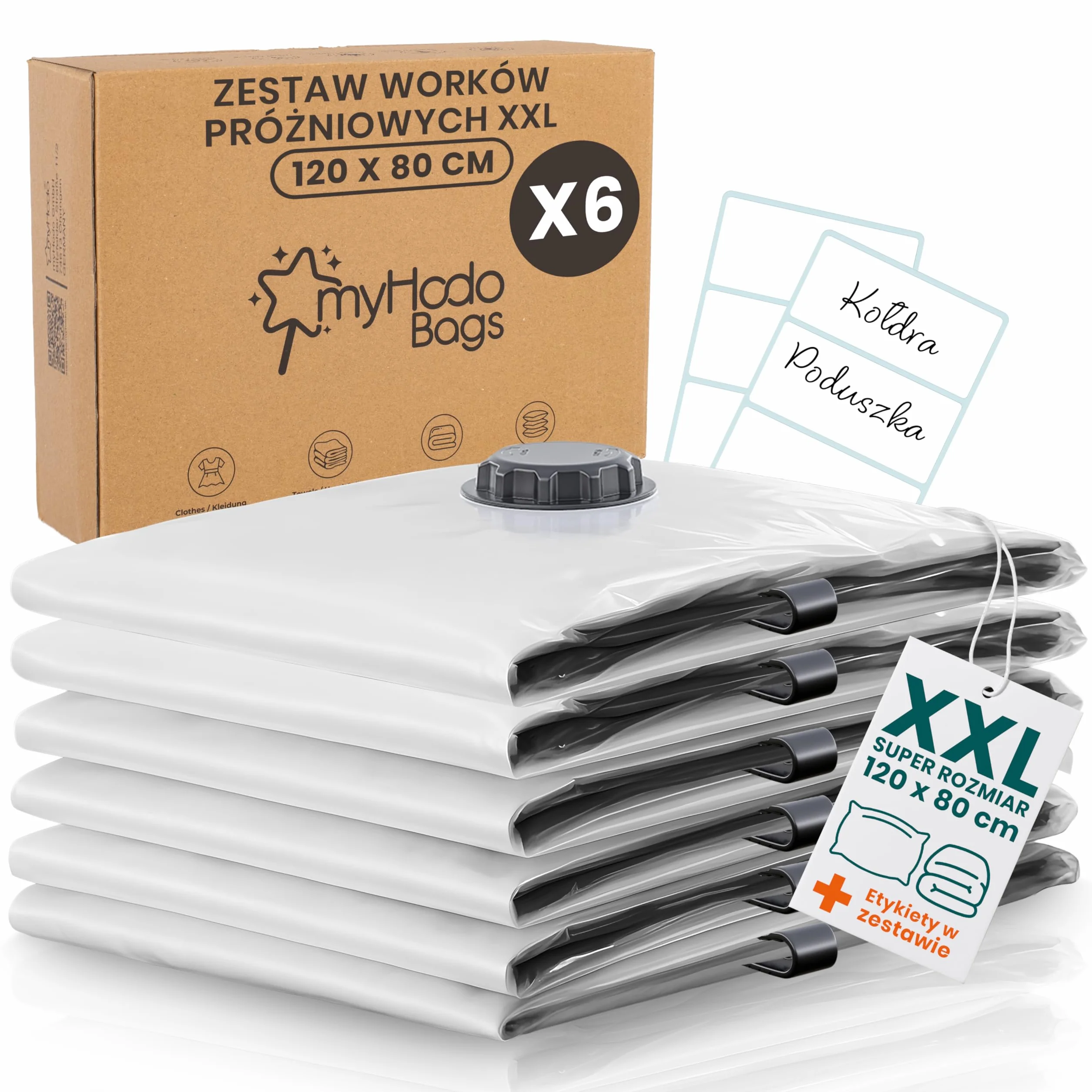 myHodo Zestaw worków próżniowych XXL 80 x 120 cm 6 sztuk do przechowywania