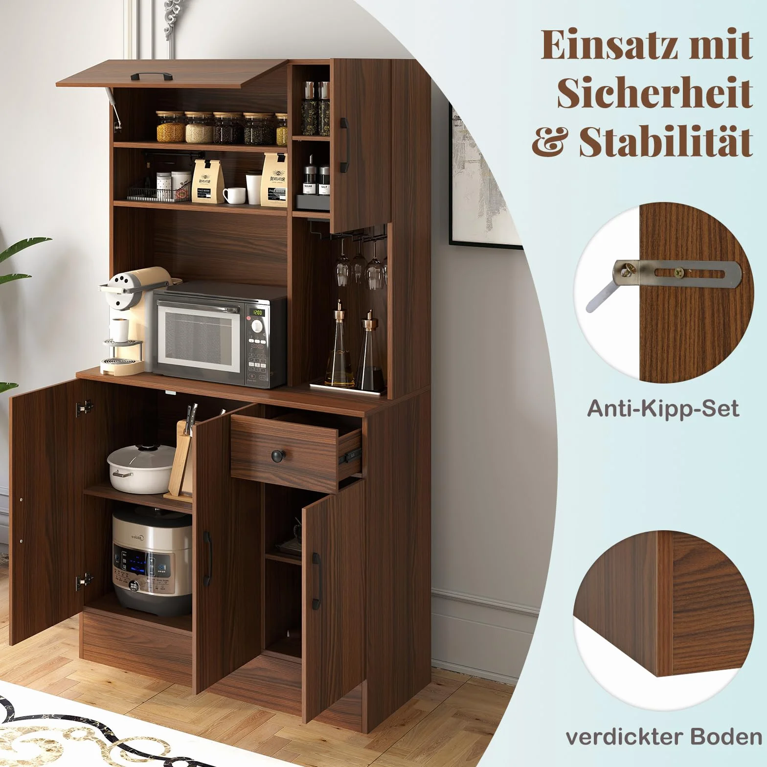 COSTWAY Drewniana szafka kuchenna, kredens z gniazdkami i portami USB i typu C, wysoka szafka z regulowanymi półkami i szufladą, do kuchni i salonu, brązowa, 90 x 39 x 167 cm