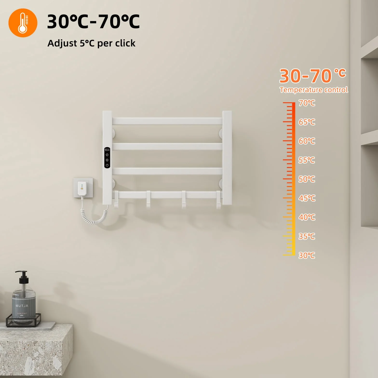 Elektryczny grzejnik na ręczniki, mały, 550 x 400 mm, grzejnik łazienkowy, 80 W, wieszak na ręczniki, elektryczny grzejnik na ręczniki, 30-70°C, regulowana temperatura, 1-9 godzin, pomiar