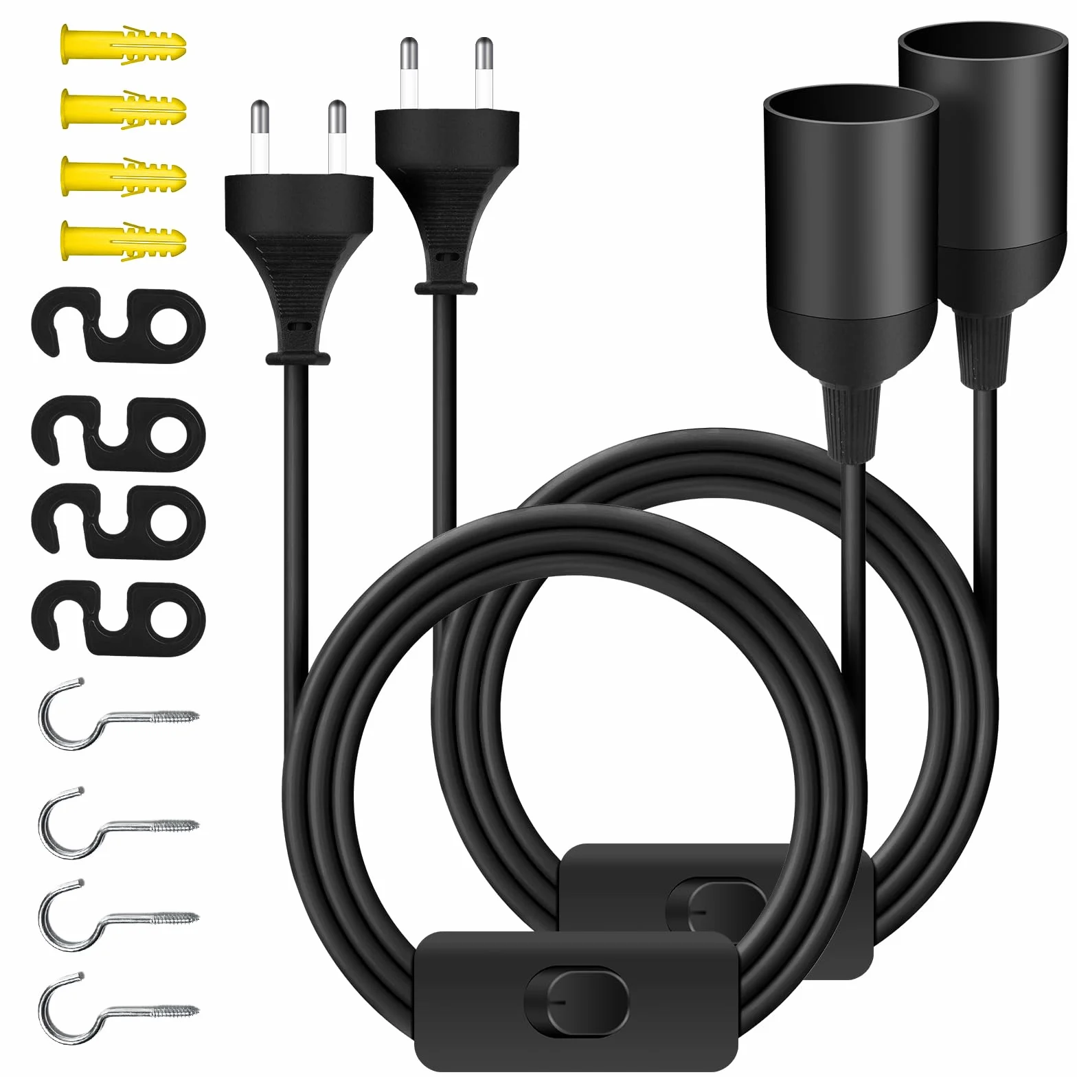 HOTUT Oprawa lampy E27 z przełącznikiem, 2 sztuki oprawek E27 z kablem sieciowym 2 m i wtyczką EU, oprawa z kablem czarna do zawieszenia lamp, lamp wiszących, lamp sufitowych, projektów DIY