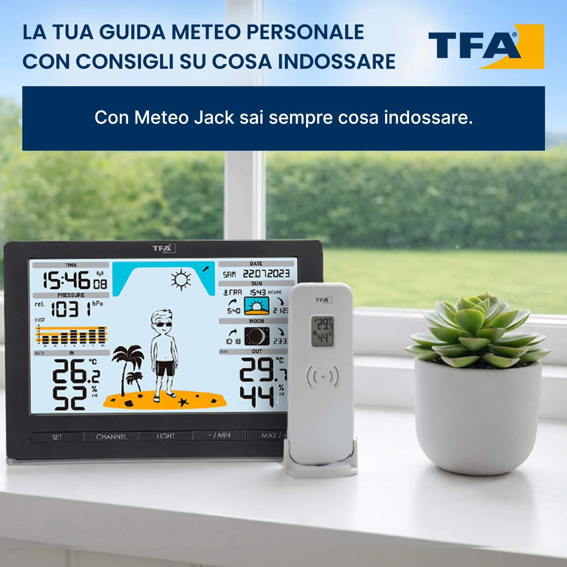 TFA Dostmann 35.1097.01 radiowa stacja pogodowa METEO JACK, w zestawie nadajnik zewnętrzny, prognoza pogody, ciśnienie powietrza, fazy księżyca, wschód i zachód słońca, zegar i dzień tygodnia (również