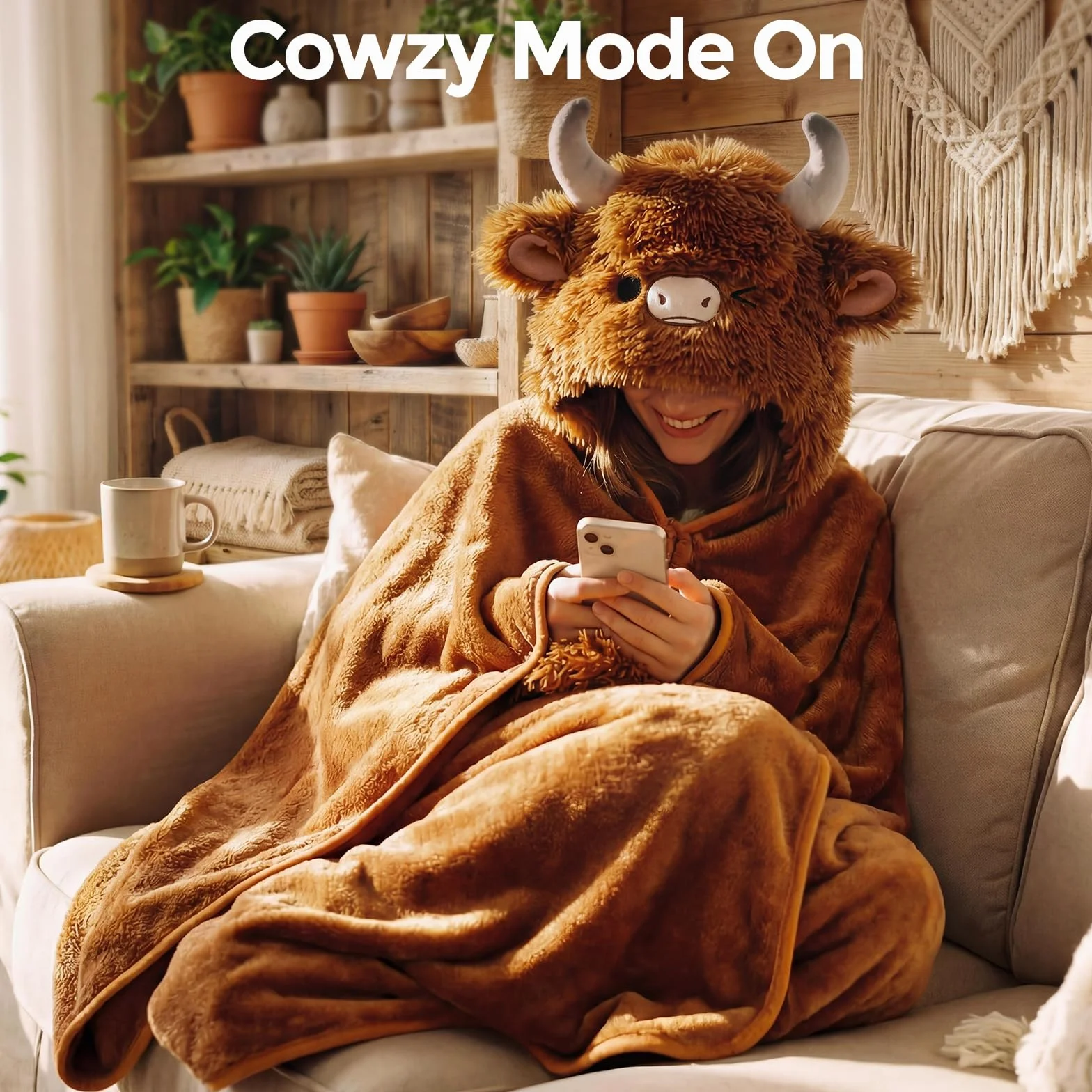 Mewaii Ponadwymiarowy koc do noszenia z kapturem, kawaii, krowa górska, miękki pluszowy koc flanelowy, bluza z kapturem, unisex, przytulny koc na prezent urodzinowy dla kobiet, dziewcząt (130 cm x 158