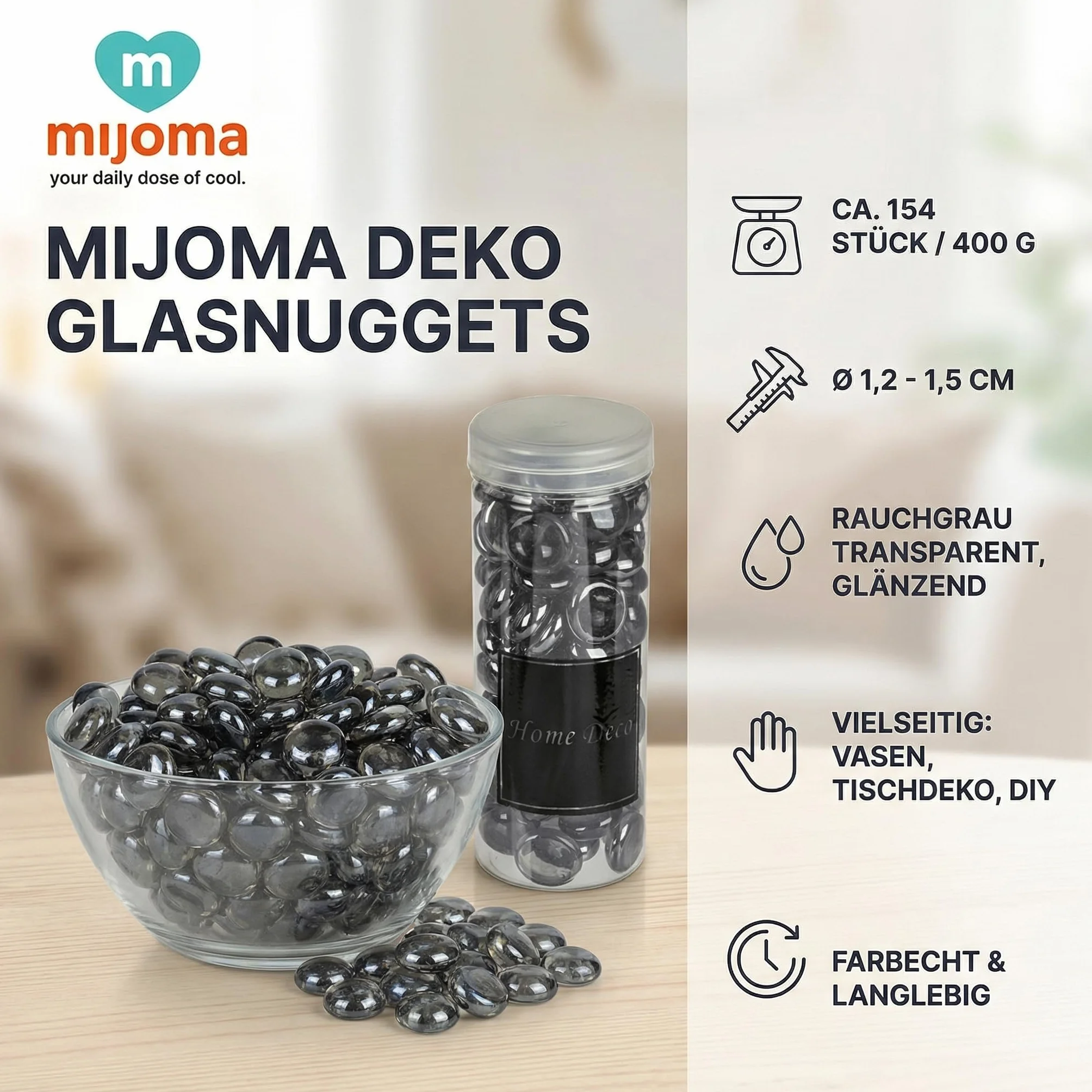 MIJOMA Dekoracyjne szklane nuggety ok. 154 sztuki – kamienie dekoracyjne ze szkła 400 g – okrągłe szklane kamienie do majsterkowania, wazony, dekoracja stołu "zrób to sam", do akwarium – kamienie Home