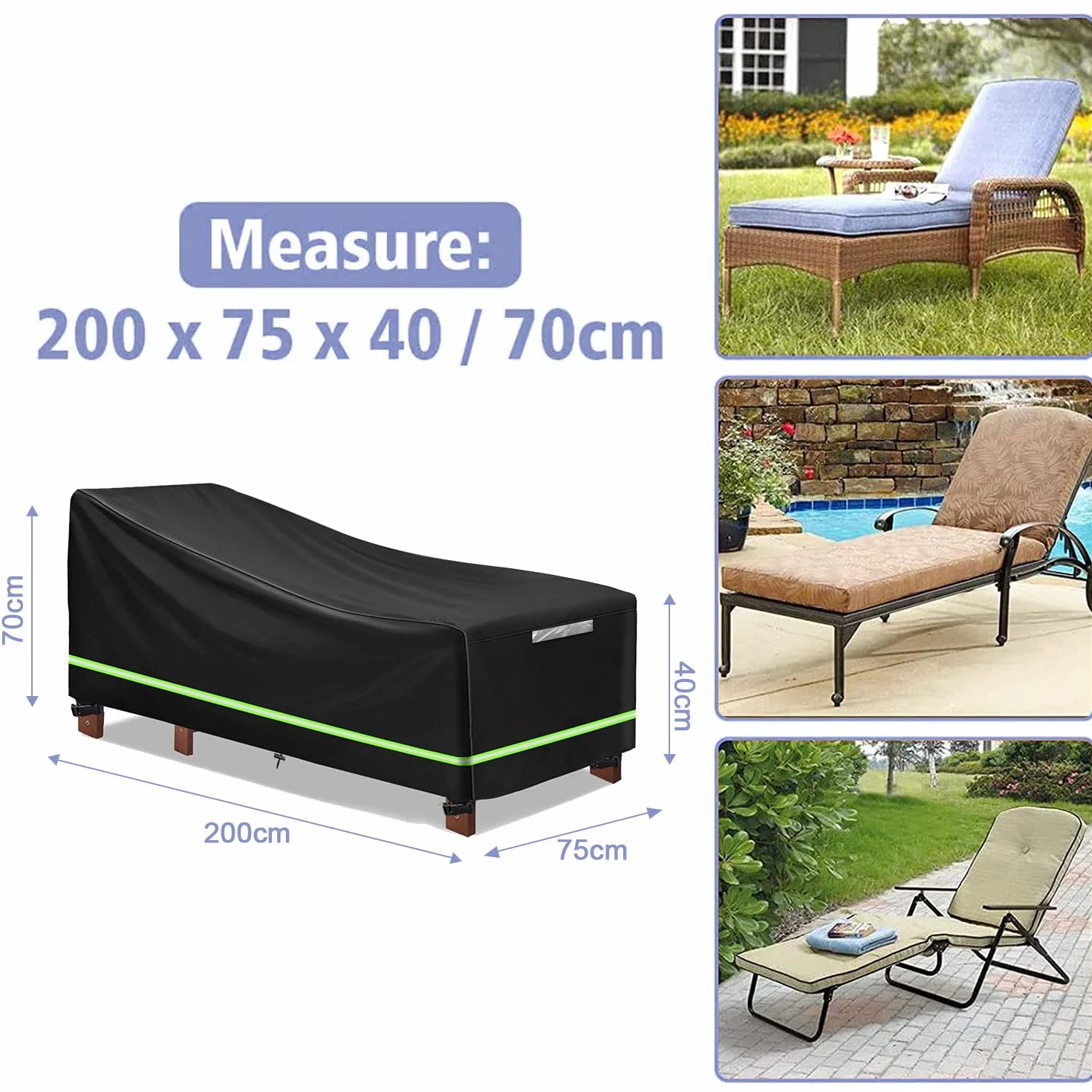 Pokrowiec ochronny na leżak ogrodowy, 2 sztuki, pokrowiec ochronny z 4 wiatroszczelnymi guzikami 210D Oxford, 200 x 75 x 40/70 cm, na leżak, leżak i leżak
