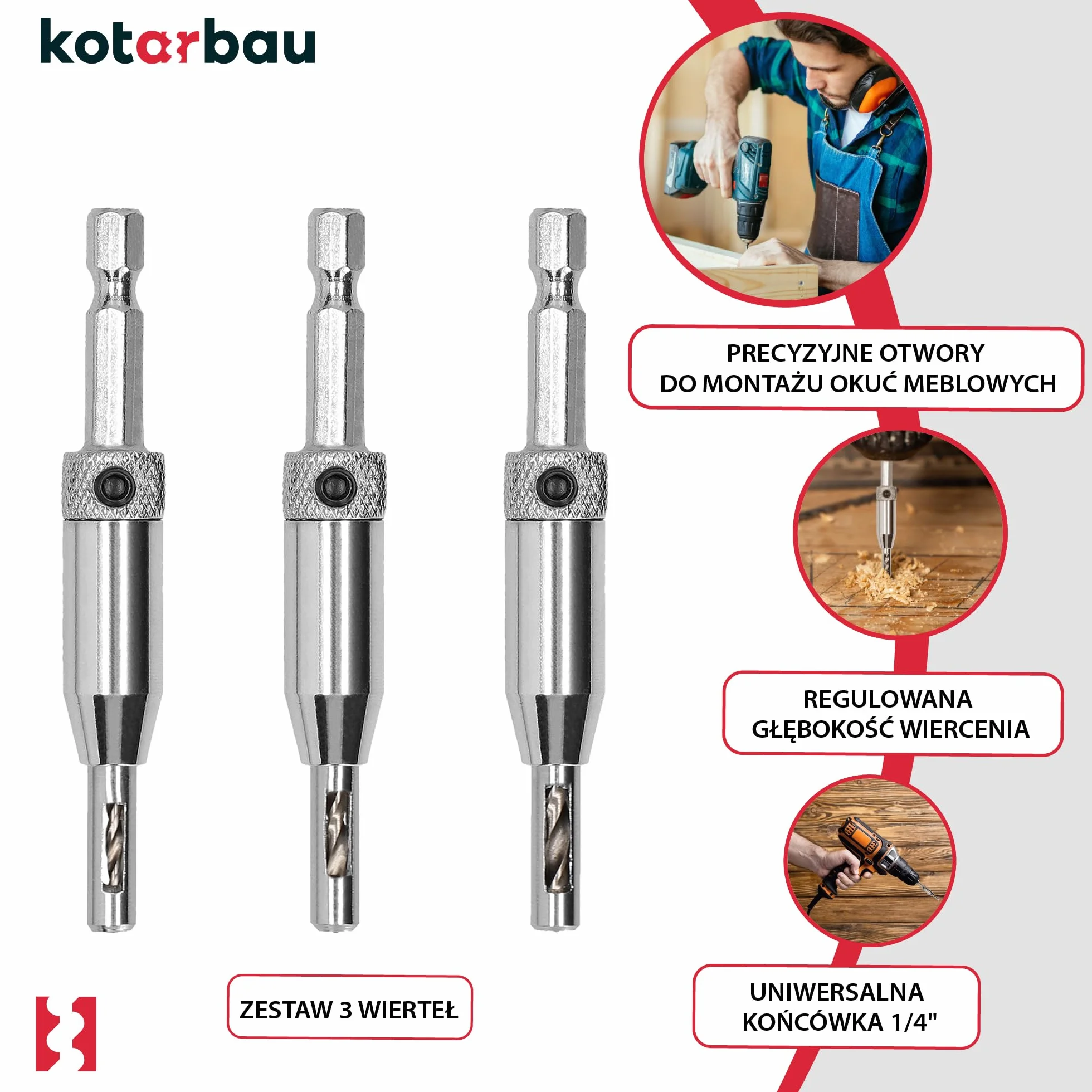 KOTARBAU® Zestaw 3 wierteł do zawiasów samocentrujących HSS stal zestaw 3-częściowy Ø 2 mm / Ø 2,8 mm / Ø 3,6 mm wiertło centrujące drewno 1/4 cala zestaw wierteł sześciokątnych