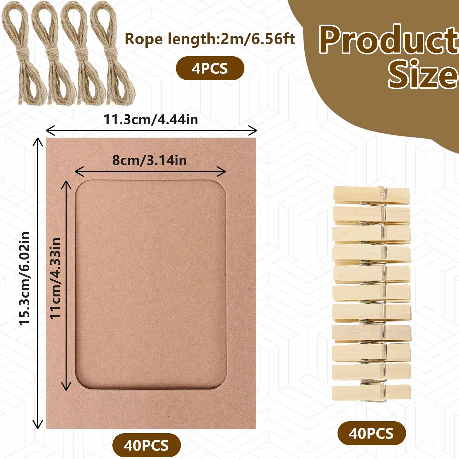 40 sztuk papierowych ramek na zdjęcia, 10 x 15 cm, brązowe ramki na zdjęcia z kartonu, girlanda na zdjęcia z 40 drewnianymi klamerkami i 4 linkami konopnymi, smycz do zdjęć z klamerkami, do