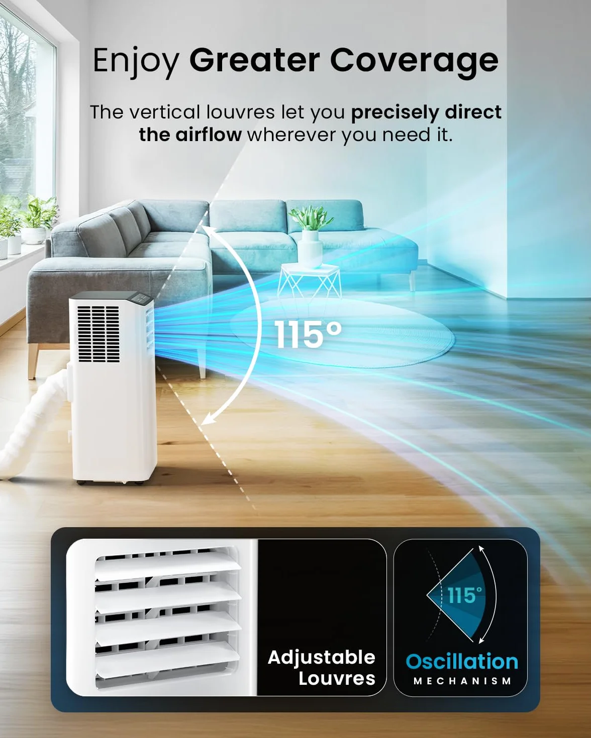 Przenośny klimatyzator Pro Breeze z wężem i pilotem, 4 w 1 - osuszacz powietrza, 2 poziomy prędkości, tryb nocny, 24-godzinny timer, wyświetlacz LED, z zestawem uszczelek okiennych, 9000 BTU
