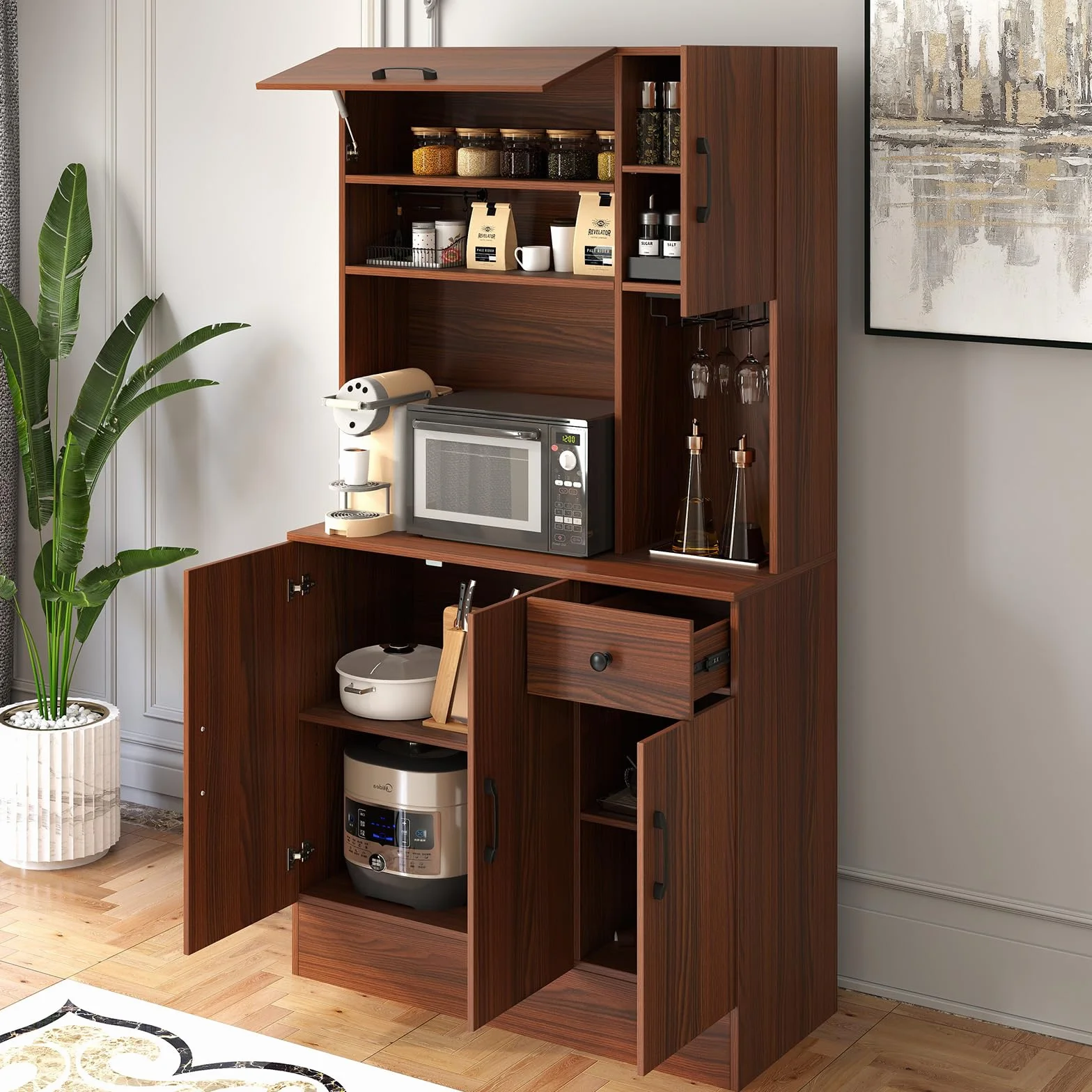 COSTWAY Drewniana szafka kuchenna, kredens z gniazdkami i portami USB i typu C, wysoka szafka z regulowanymi półkami i szufladą, do kuchni i salonu, brązowa, 90 x 39 x 167 cm