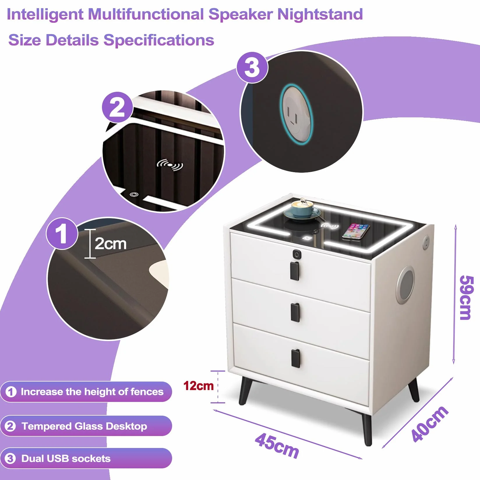 Stolik nocny z głośnikiem Bluetooth, stolik nocny z funkcją bezprzewodowego ładowania, światło LED, szafka nocna z 3 szufladami, 2 USB, typ C, komoda nocna z drewna z gniazdkiem, stolik pomocniczy