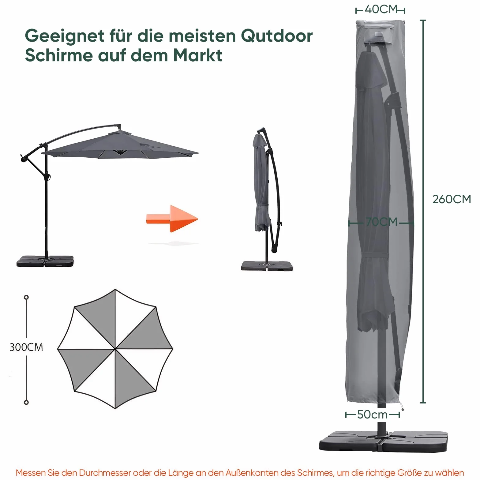 Sekey Ultra wytrzymały pokrowiec ochronny na parasol przeciwsłoneczny -260x65cm - wodoodporna tkanina Oxford 600D anty-UV z drążkiem montażowym i otworami wentylacyjnymi