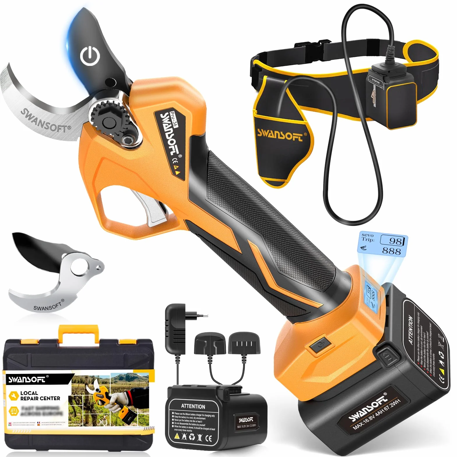 SWANSOFT PRU36 Profesjonalny sekator elektryczny, 36 mm, 16,8 V, 900 W, 4Ah+2Ah, bezprzewodowy sekator elektryczny z akumulatorem, bezprzewodowy sektor elektryczny do ogrodnictwa, żółty/czarny