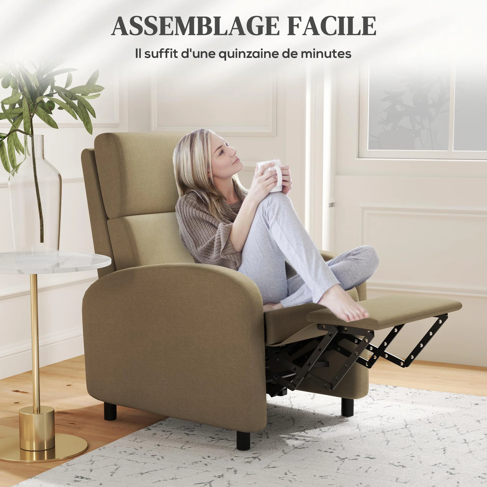 HOMCOM Fotel Relaksacyjny, Fotel Relaksacyjny z Ręcznym Regulowanym Oparciem, Wbudowany Podnóżek, Do Salonu, Sypialni, Biura, Kina Domowego, Obciążenie 120 kg, Beżowy
