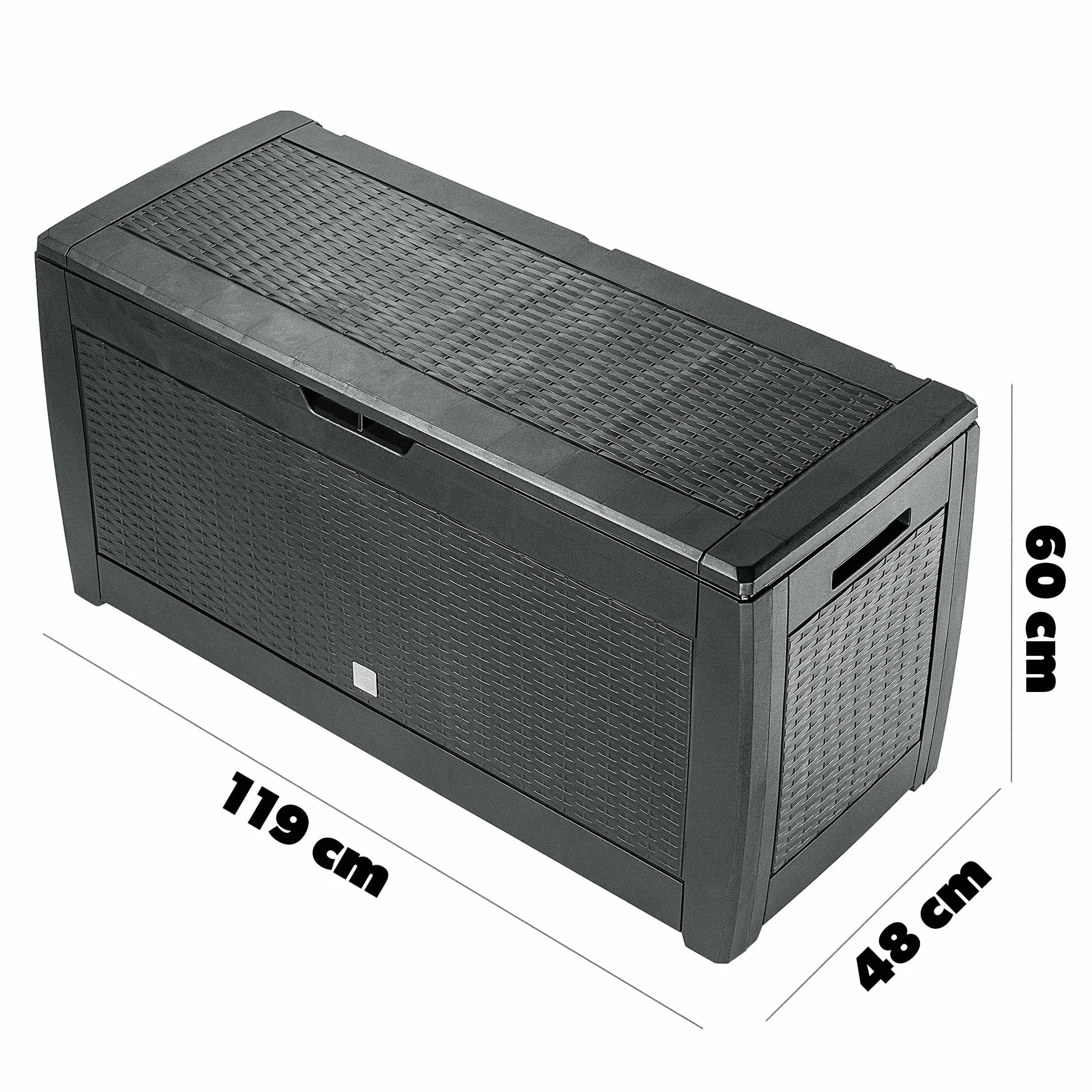 KADAX Skrzynia ogrodowa 310 l, 119x48x60 cm, antracyt, odporna na pogodę, na poduszki, zabawki i podkładki na siedziska, porządek na tarasie i w ogrodzie