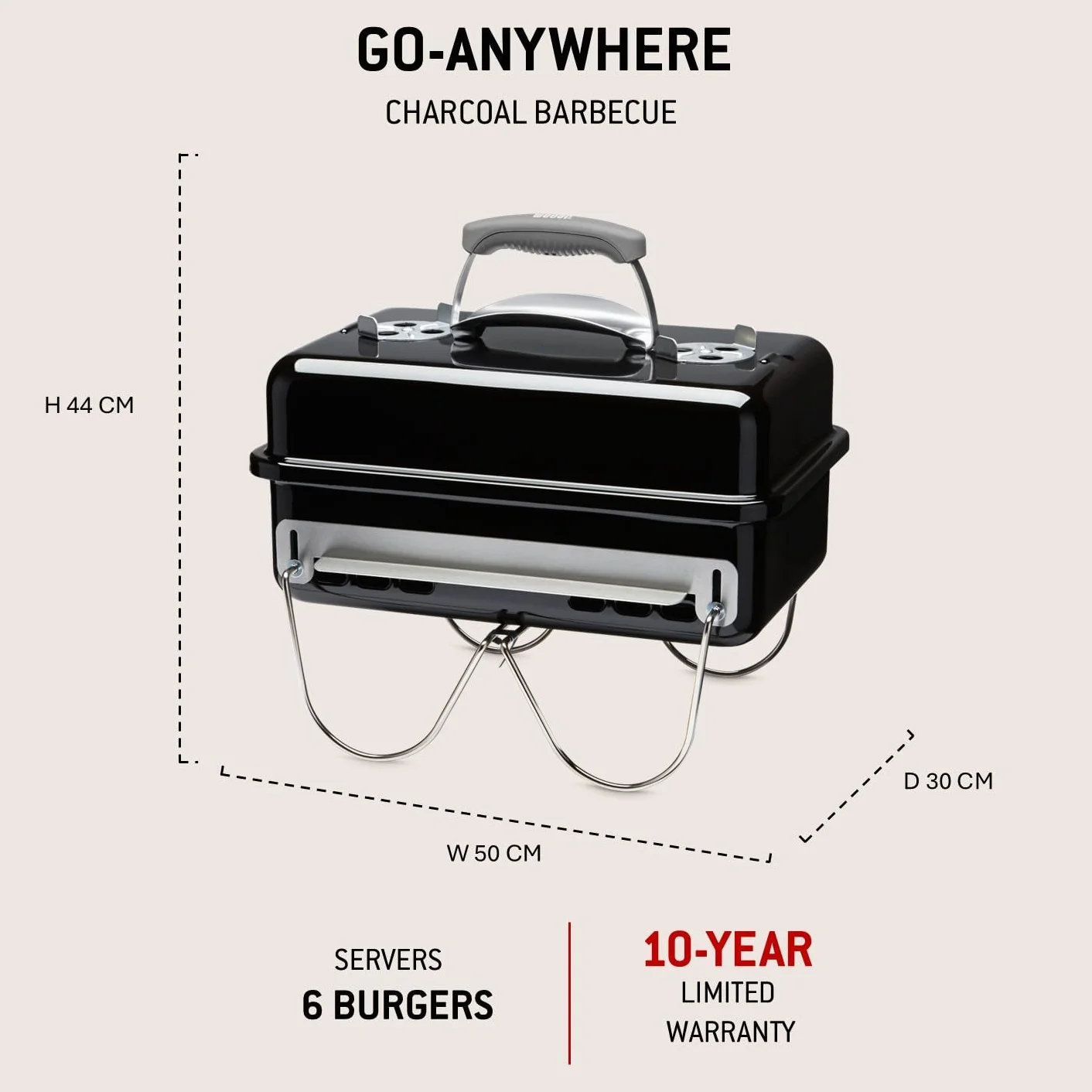 Weber Go-Anywhere Grill węglowy, powierzchnia grilla 42 x 26 cm, lekki przenośny grill BBQ, grill z emaliowaną misą i pokrywą, składane nóżki - Czarny (1131004)