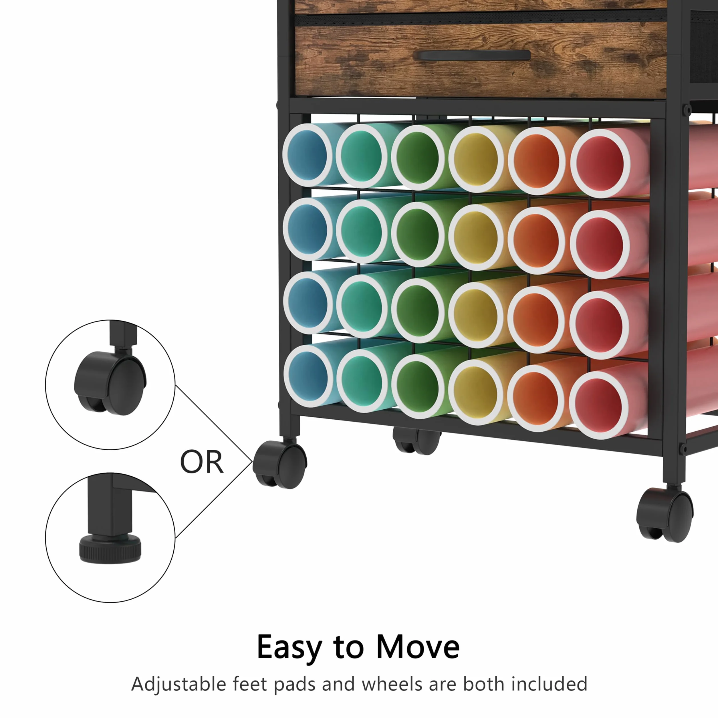 Trironsun Organisation Craft Cart kompatybilny z maszynami Cricut, zwijany organizer rzemieślniczy, 24 uchwyty na rolki winylowe, 2 szuflady materiałowe, do majsterkowania, pokoju rzemieślniczego
