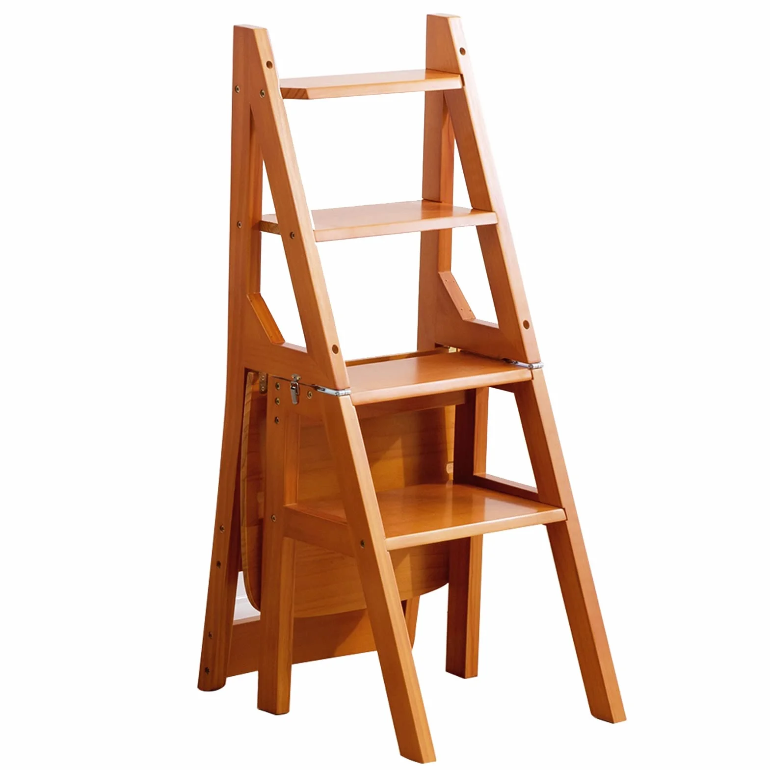 Składane drabiny biblioteczne z litego drewna, krzesło z drabinką, krzesło składane 4-stopniowe, taboret, dwufunkcyjne drabiny 4-stopniowe, wspinanie się po schodach, stojak na kwiaty (kolor: brązowy,
