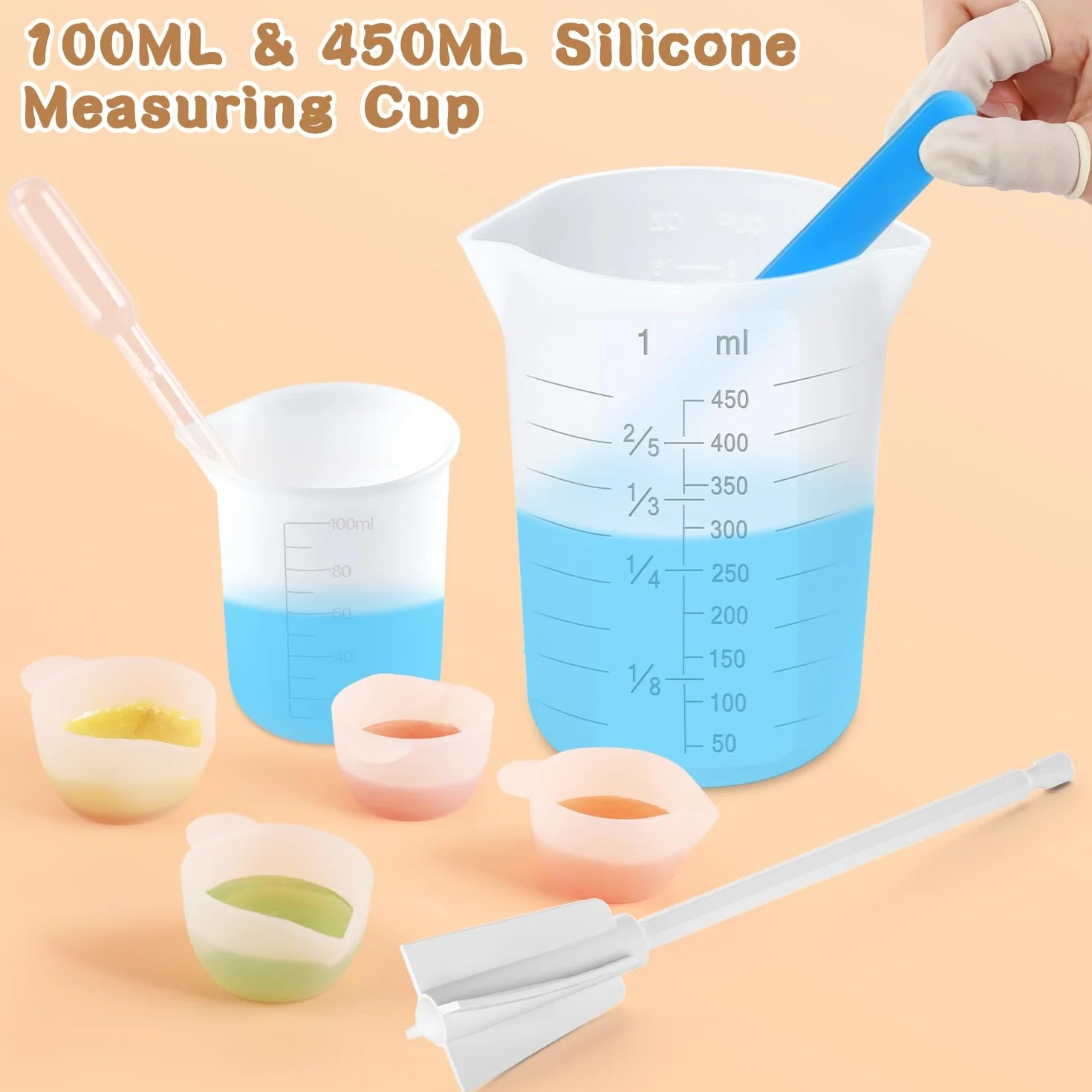 Suzzam Zestaw narzędzi do pomiaru z żywicy silikonowej, 450 i 100 ml, silikonowe kubki pomiarowe, patyczki do mieszania, silikonowy kubek kolorowy, wiosło do mieszania, pipety, łóżeczka na palce do