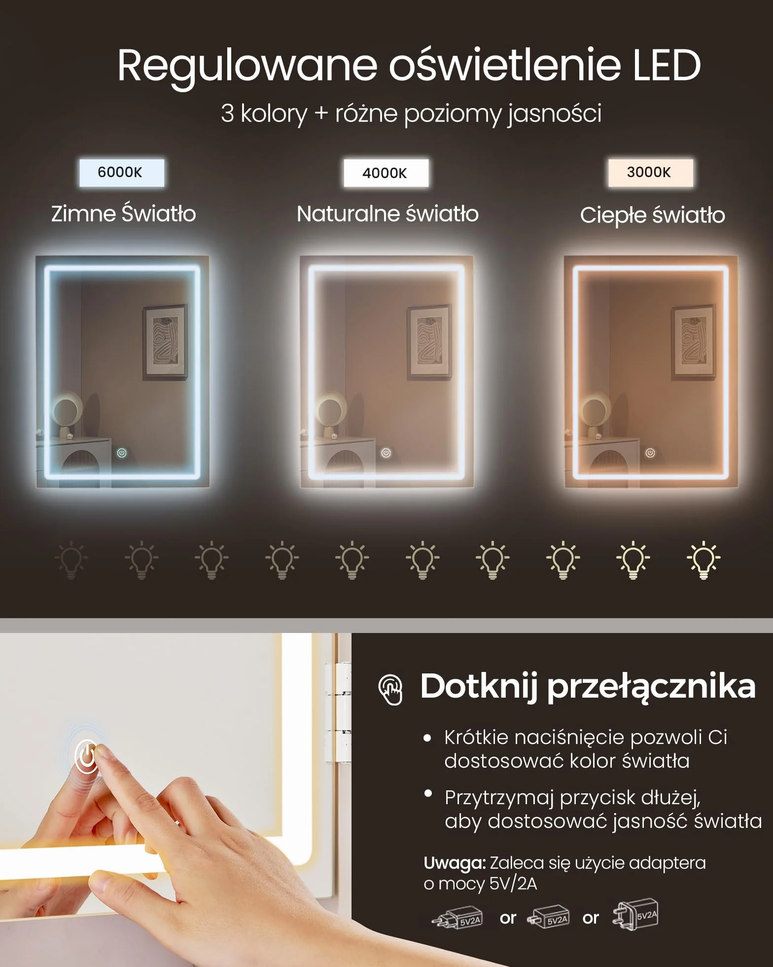 VASAGLE Kolekcja KAILYN – Toaletka z oświetleniem LED, 3 regulowane barwy światła, toaletka z lustrem, szuflady, otwarte przegródki, z taboretem, regulowane półki, kolor biały chmurowy RDT125WB01