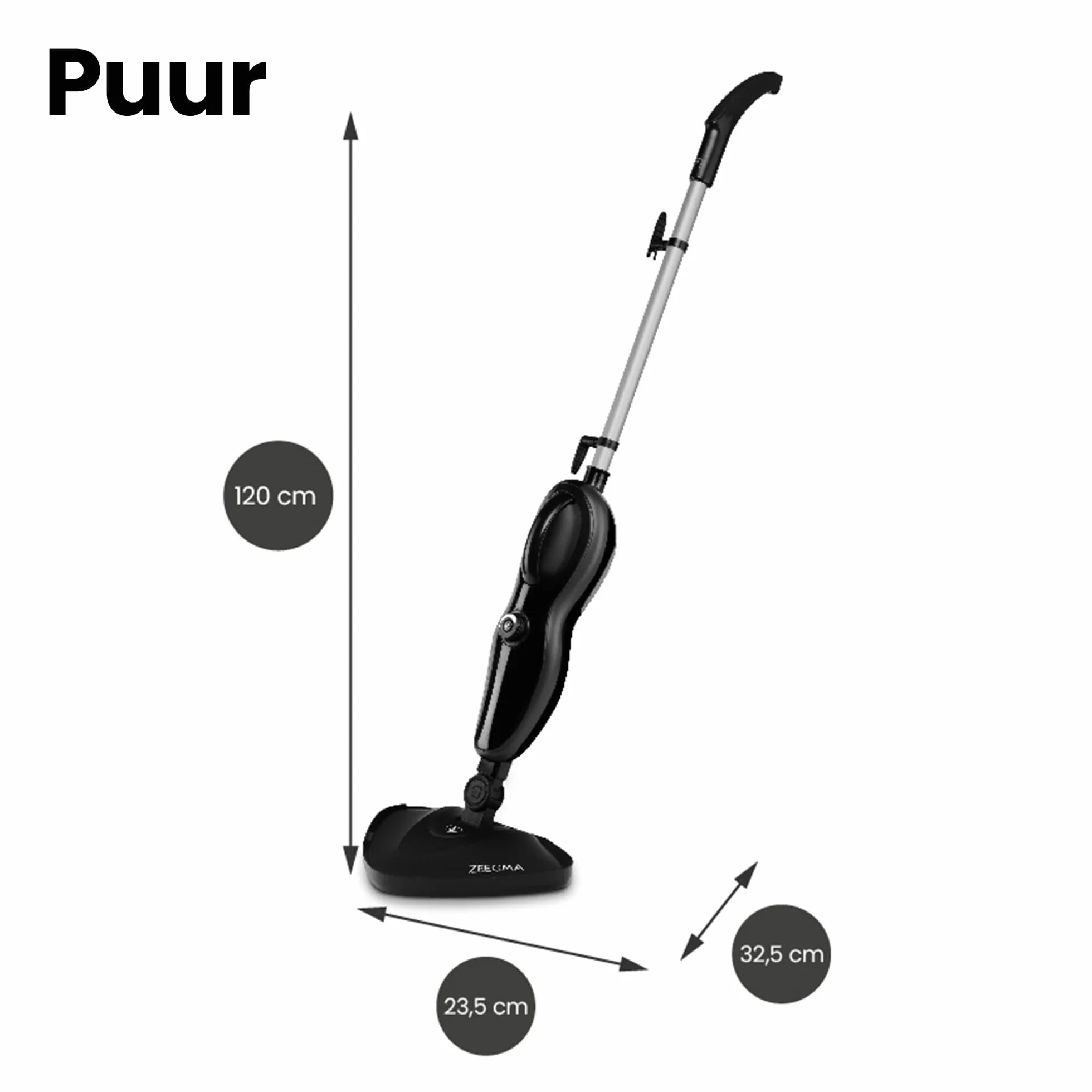 ZEEGMA Puur mop parowy, funkcja myjki, regulacja strumienia pary, 19 ml/min, moc 1500 W, przewód 5 m, 2 filtry i 7 wymiennych końcówek w zestawie, wyjmowany zbiornik na wodę 370 ml