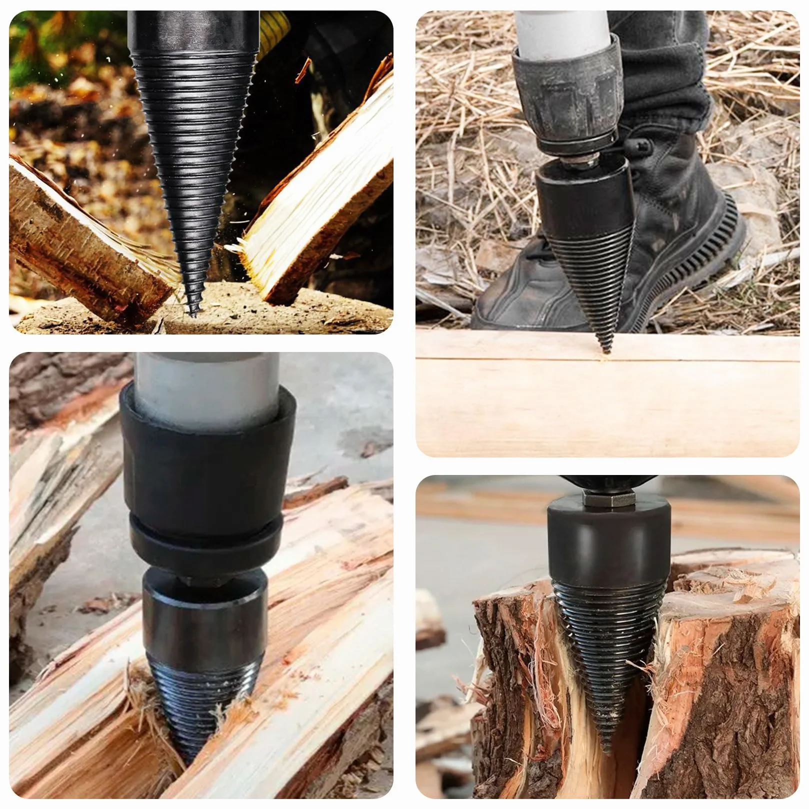 Herbst Zestaw 2 śrub do łupania drewna, 4 uchwyty wiertnicze 42 mm + 32 mm, stożek wiertniczy do łupania drewna, stożek do rozłupywania drewna, łuparka stożkowa do drewna