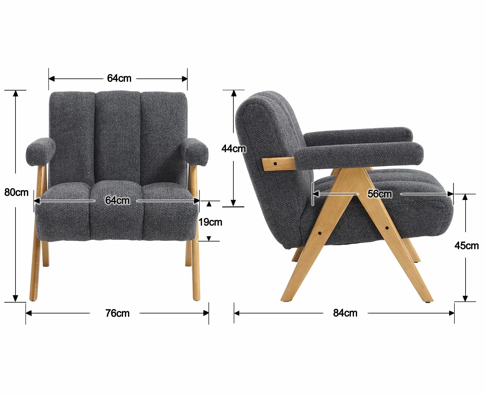 chairus Krzesło Modern Chenille do salonu, fotel akcentowy z litej drewnianej nóżkami, wygodne krzesło wypoczynkowe z podłokietnikami, tapicerowana kanapa jednoosobowa do sypialni, szary