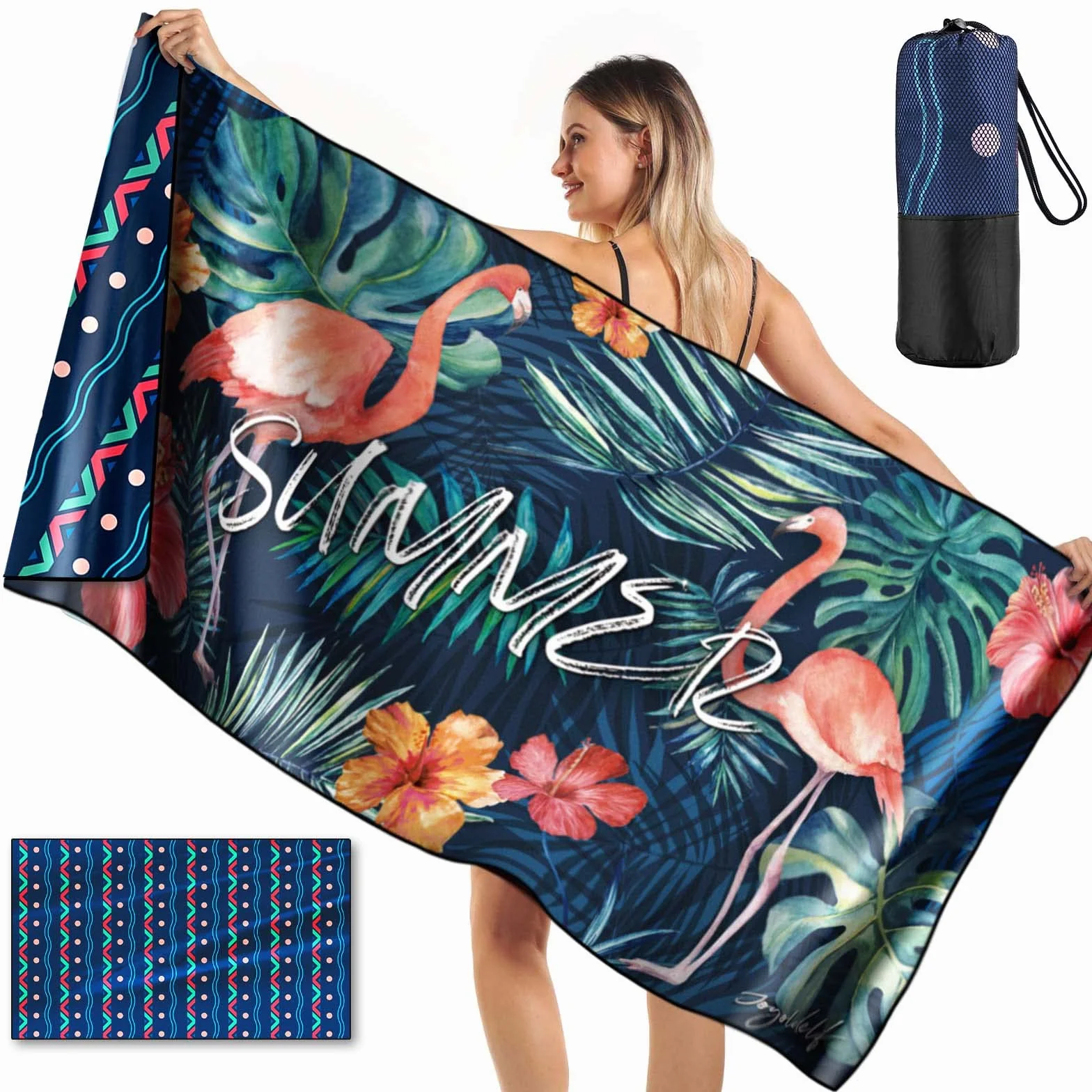 joyoldelf Ręcznik plażowy z mikrofibry, 180x90 cm, duży szybkoschnący ręcznik plażowy, lekki przenośny antypiaskowy (Flamant - niebieski)