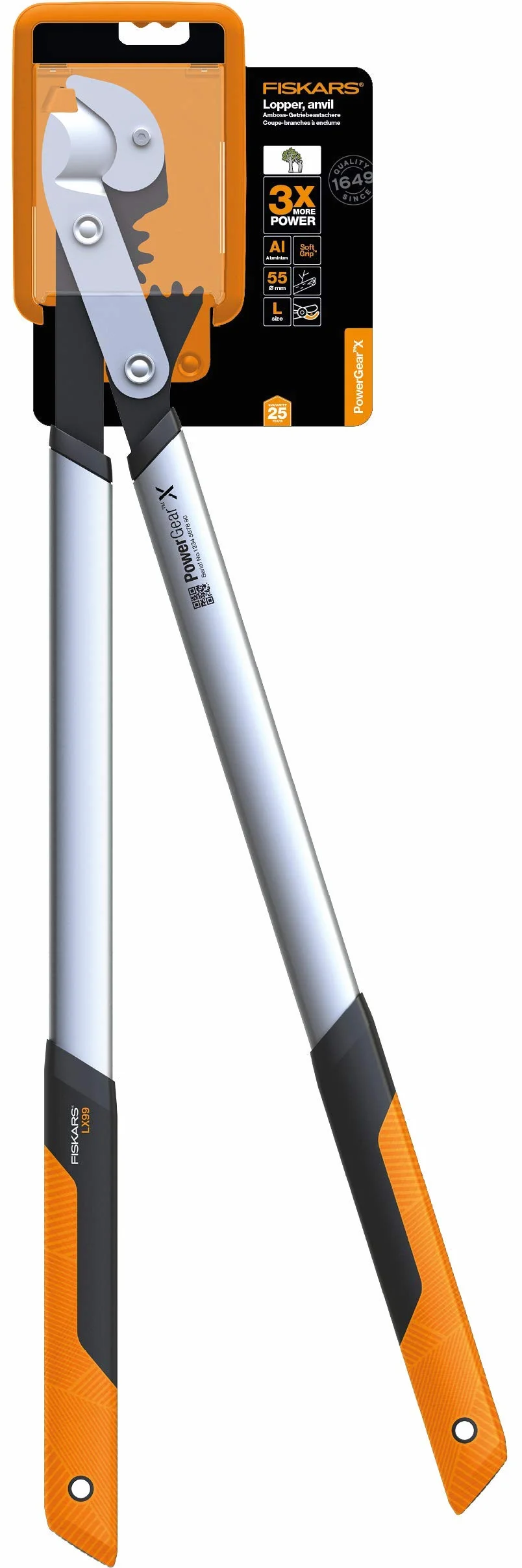 Fiskars Sekator dźwigniowy, kowadełkowy PowerGearX do suchego i twardego drewna, Powłoka nieprzywierająca, Hartowana stal, Długość: 80 cm, Czarny/ pomarańczowy, LX99-L, 1020189