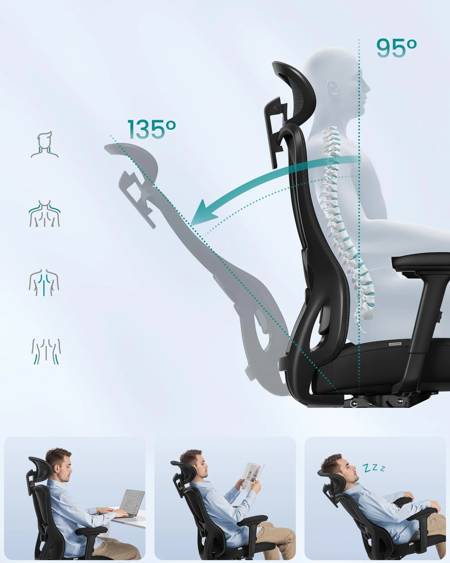 SONGMICS Ergonomiczne krzesło biurowe, krzesło komputerowe, regulowane podparcie lędźwiowe i zagłówek, nośność 150 kg, regulacja wysokości, czarny atrament OBN066BH02