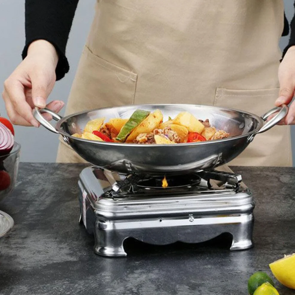 Wok Ze Stali Nierdzewnej Paella Pan Podwójny Uchwyt Okrągłym Dnem Patelnia Do Gotowania