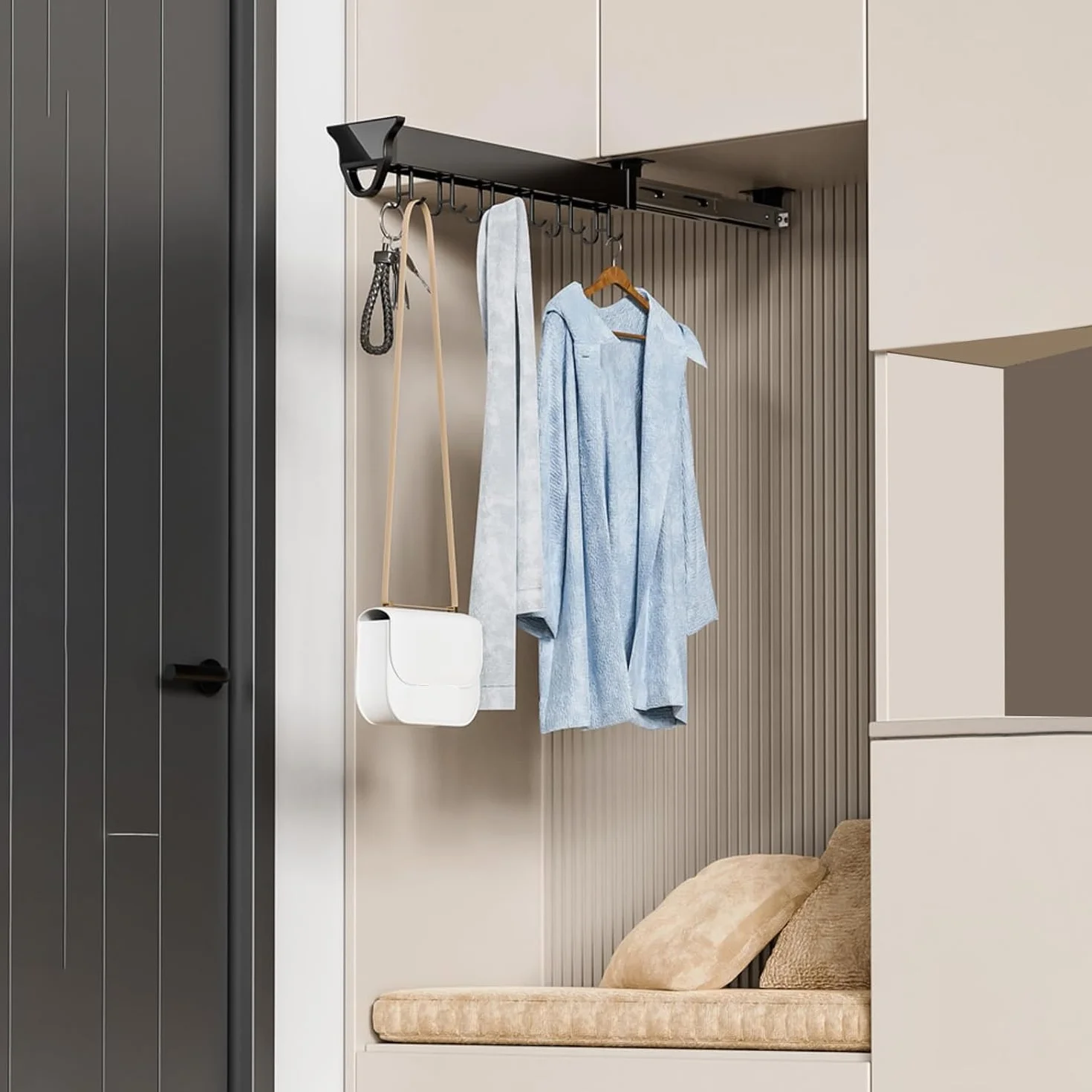 Pull Out Mop Broom Holder with Heavy Duty Hooks Pans Pots Racks for Cabinets Pull Out, Multifunctional Slide Broom and Mop Organizer