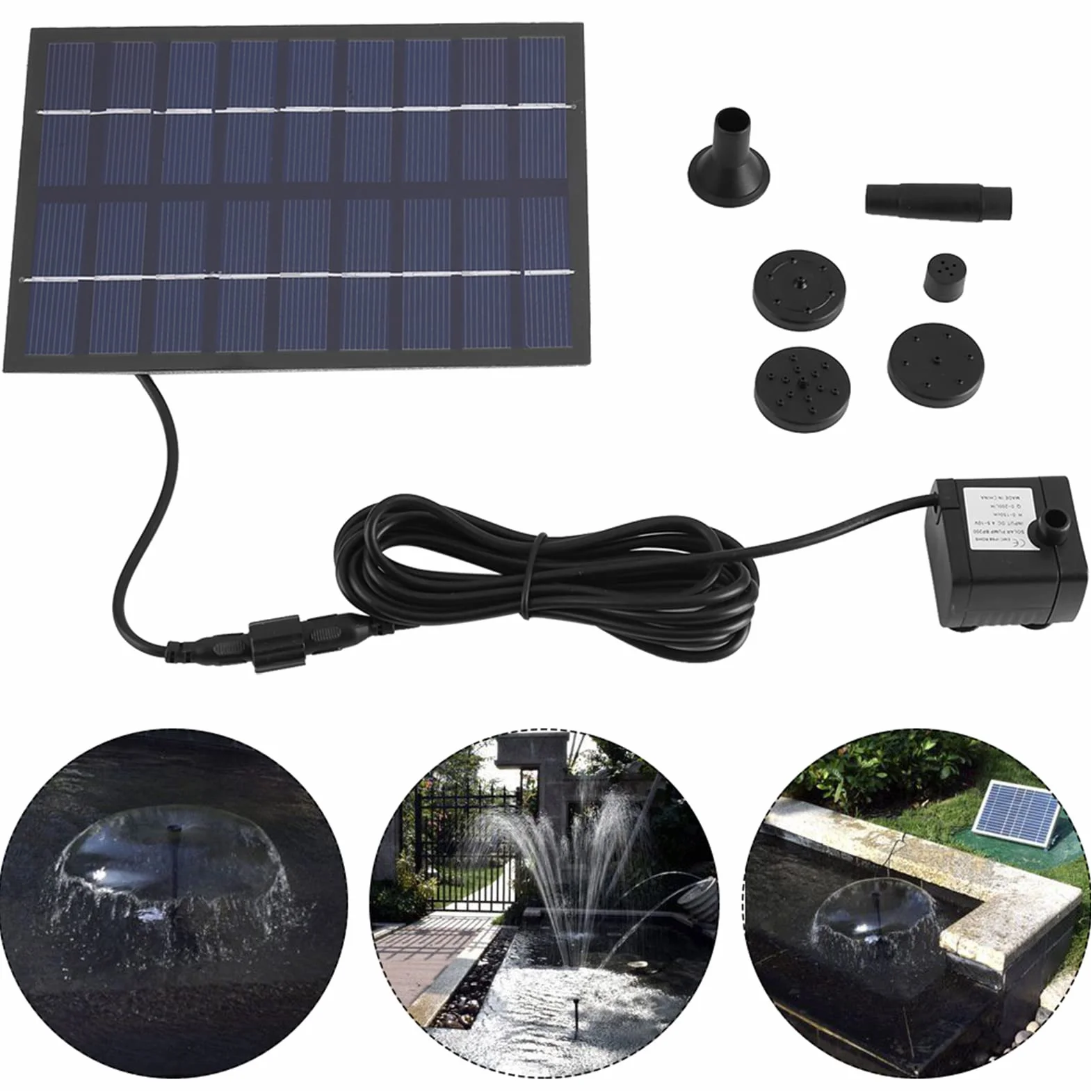 Solarna fontanna do użytku na zewnątrz, solarna pompa do fontanny 9 V, 1,8 W, 200 l/h, solarna pompa do oczka wodnego z 4 stylami fontanny, zasilana panelem słonecznym PET, do małych stawów, basenów i