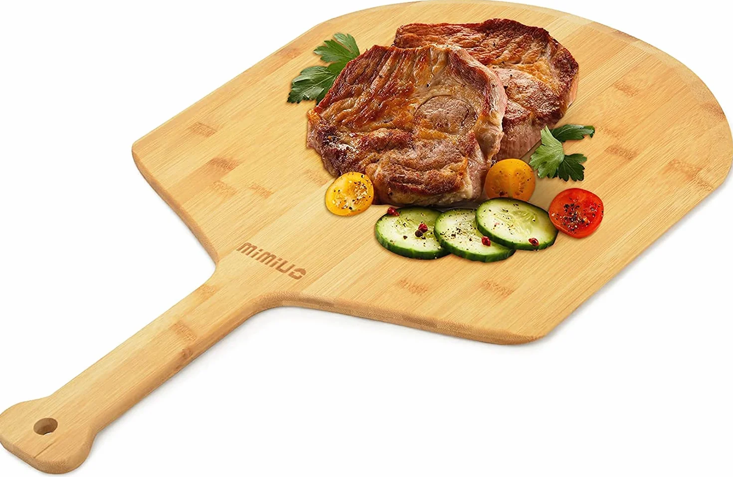 Mimiuo Bambusowa deska do pizzy, łopatka do pizzy 29,5 cm, z okrągłą krawędzią i uchwytem, do domowej pizzy i chleba, piekarnika lub grilla