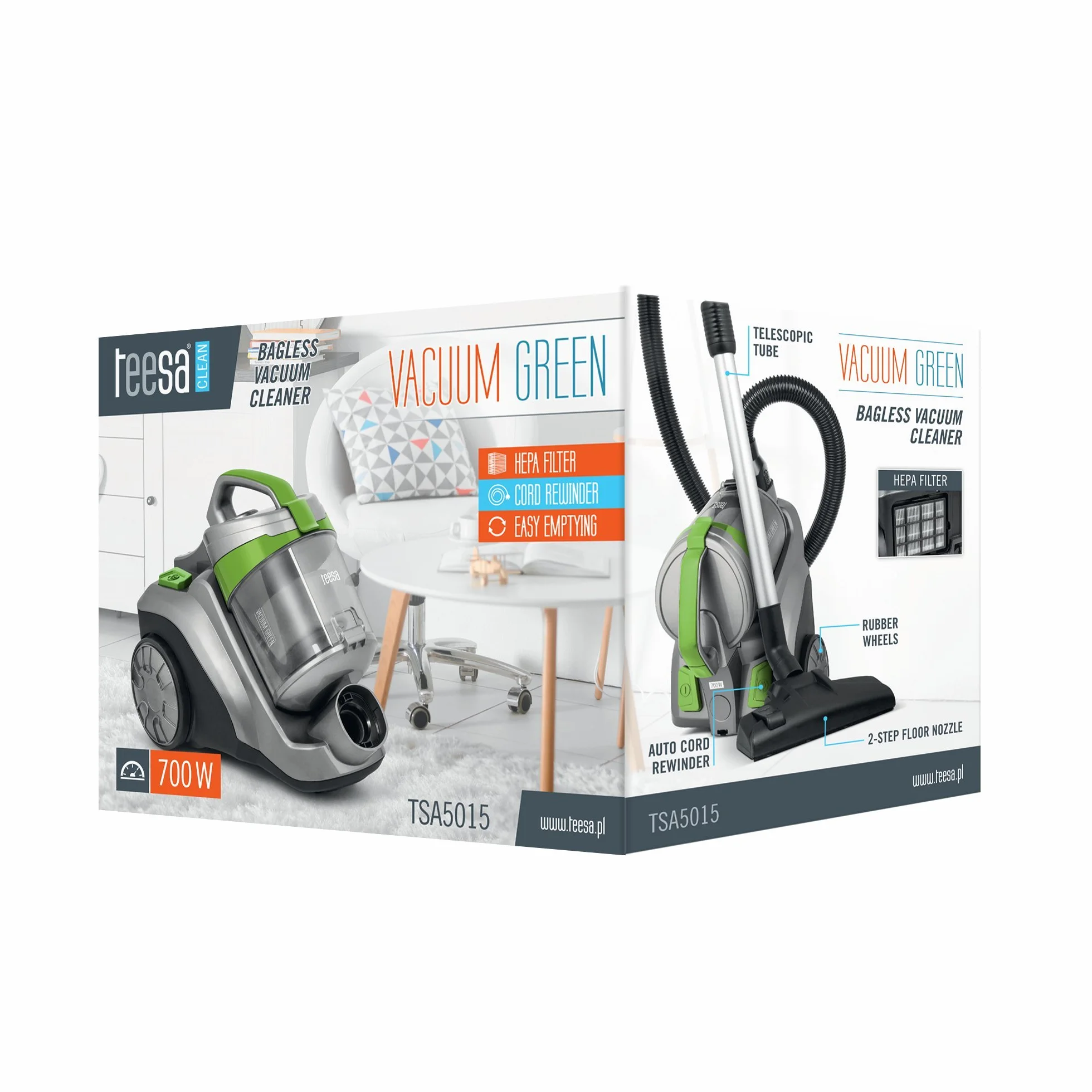 Teesa Odkurzacz Bezworkowy VACUUM GREEN 700 W Automatyczne Zwijanie Kabla Filtr HEPA TSA5015