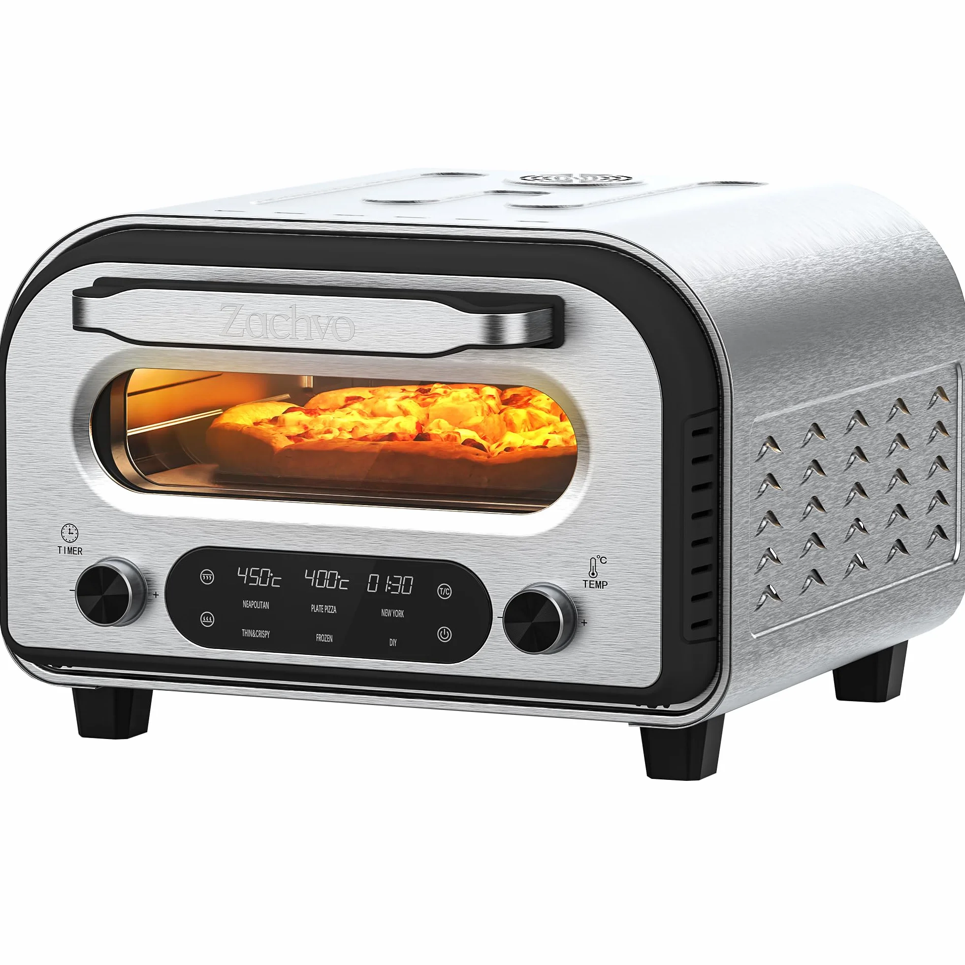 Elektryczny piekarnik do pizzy - do 450 ℃, 5 wstępnie ustawionych rodzajów pizzy, ekran dotykowy i obrotowe pokrętła, 1-60 minut timer, korpus ze stali nierdzewnej, do pizzy 32 cm
