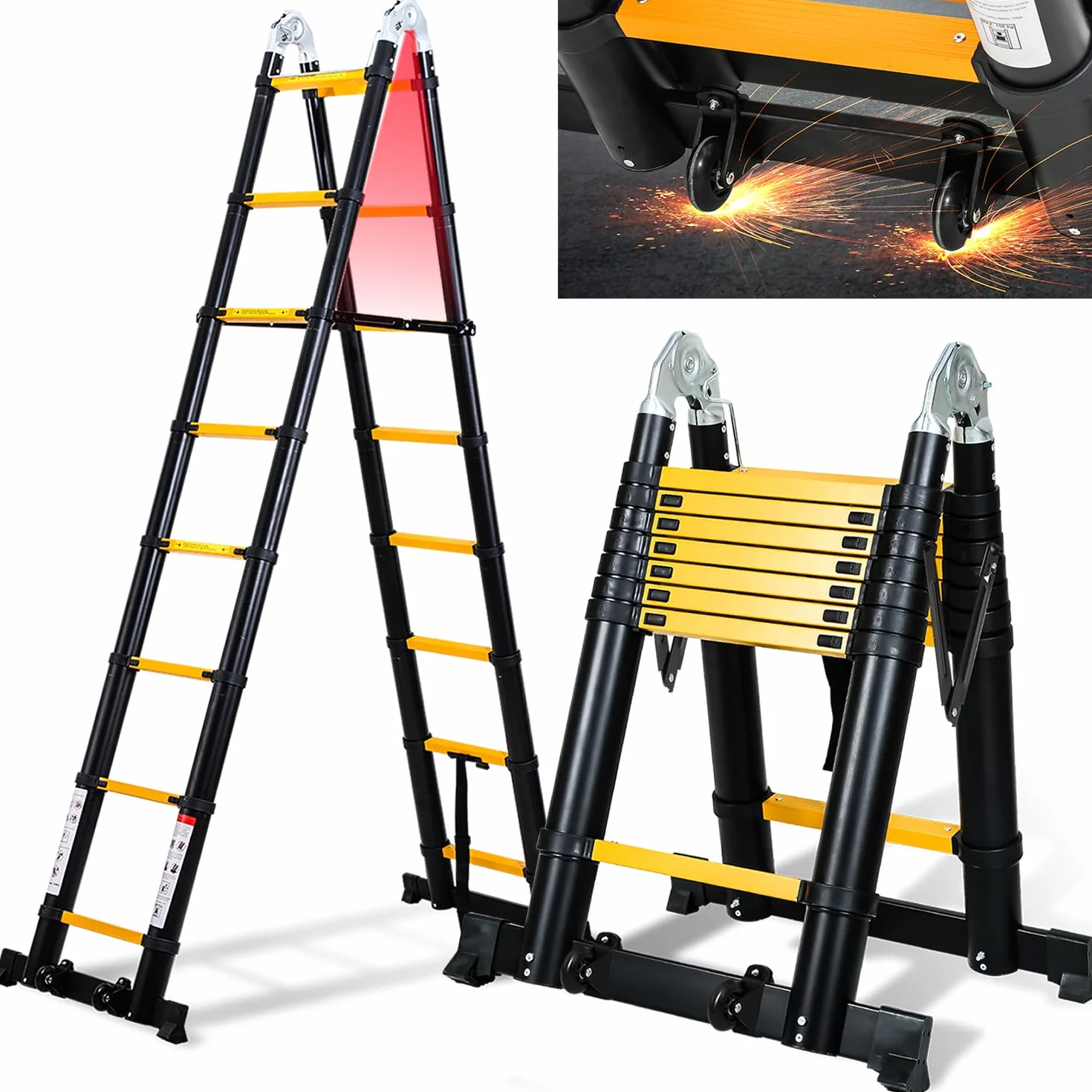 Aluminiowa drabina teleskopowa, 5 m (2,5 + 2,5 m), antypoślizgowa, wielofunkcyjna, przenośna, obciążenie do 150 kg, czarna