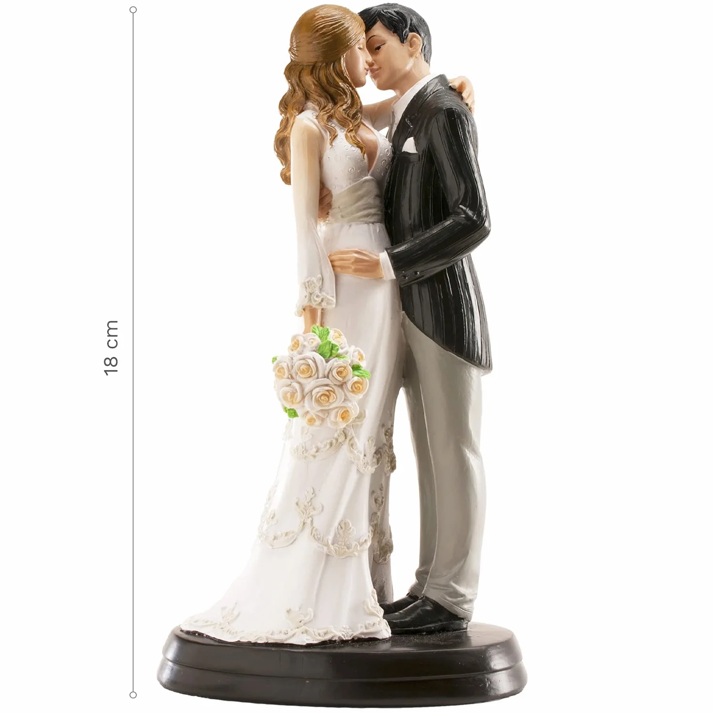 dekora Figurka pary młodej na tort weselny – Ozdoba z żywicy 18 cm – Dekoracja na tort ślubny i rocznicę – Oryginalny, szczegółowy design – Podstawka do kontaktu z żywnością