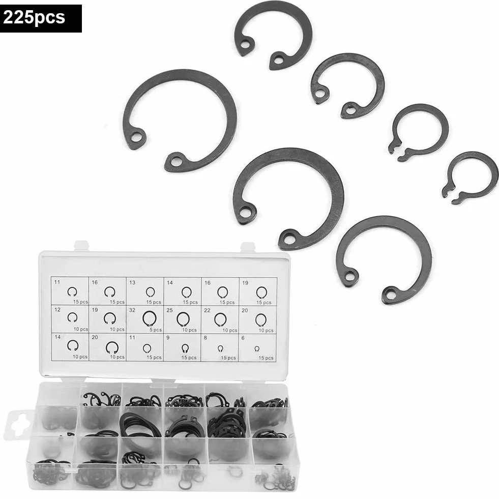 225-teiliges C-Clip-Kit, 18 Größen Metall-Innen- und Außen-Sicherungsring-Sicherungsring-Sortiment mit Kunststoffbox