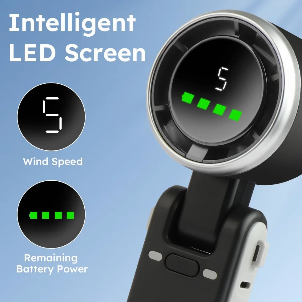 AUAUY Przenośny ręczny wentylator turbo, 5 regulowanych prędkości wentylatora, ręczny wentylator biurkowy 3 w 1, ładowanie USB-C 3600 mAh, składany wentylator biurkowy LED o 180°, do podróży, na