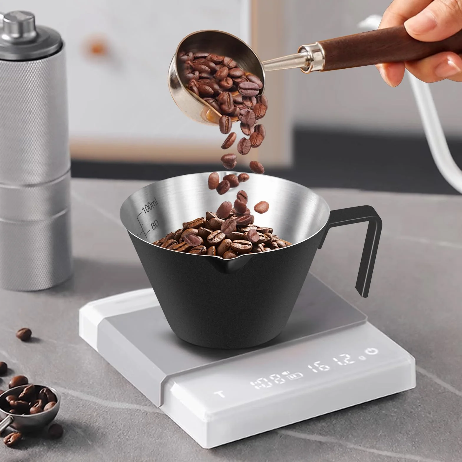 filiżanek do espresso ze stali nierdzewnej, akcesoria do kawa, podwójna wylewka, metalowy kubek pomiarowy z podwójną skalą, kubek, ważenie ziaren kawy (srebrne), 100ml