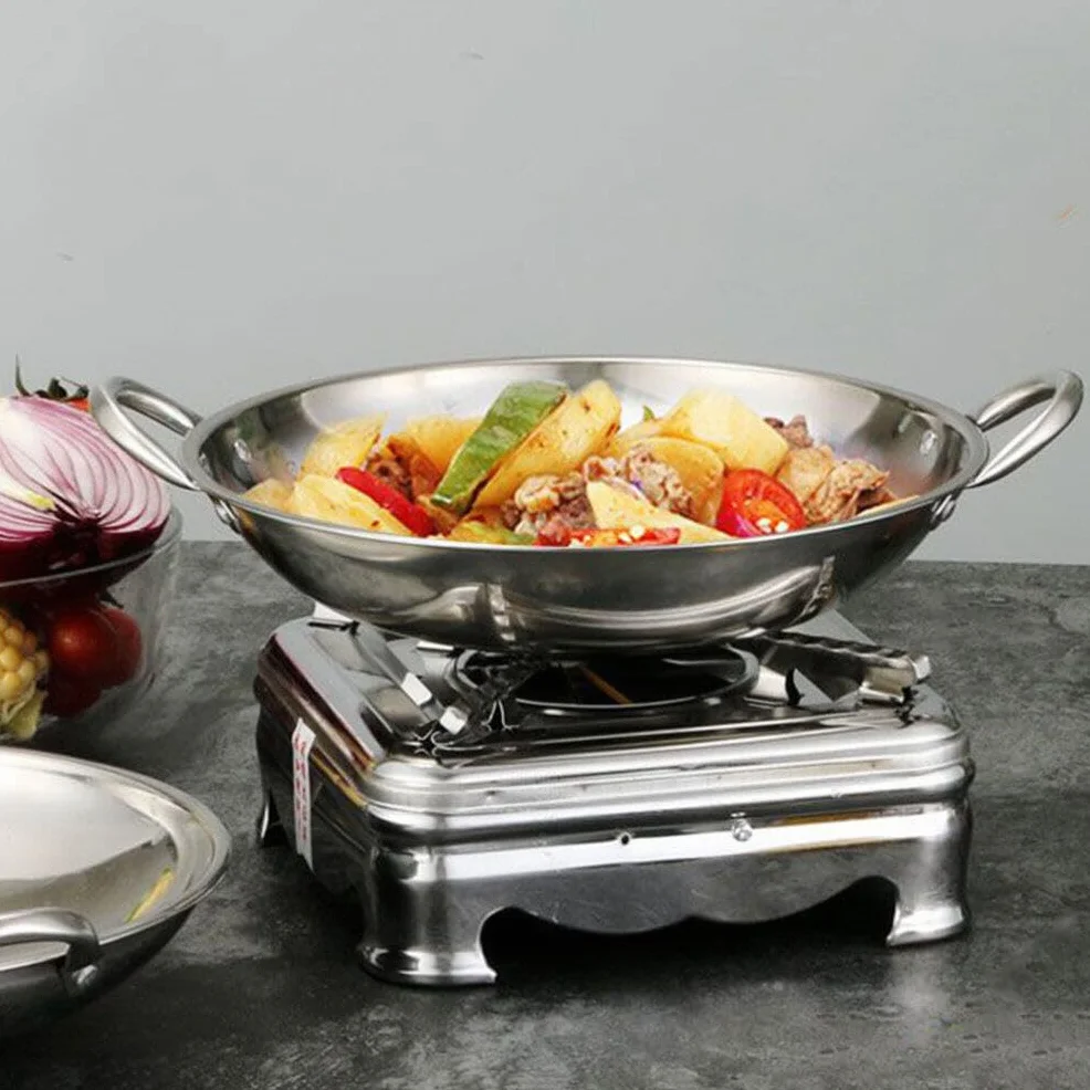 Wok Ze Stali Nierdzewnej Paella Pan Podwójny Uchwyt Okrągłym Dnem Patelnia Do Gotowania