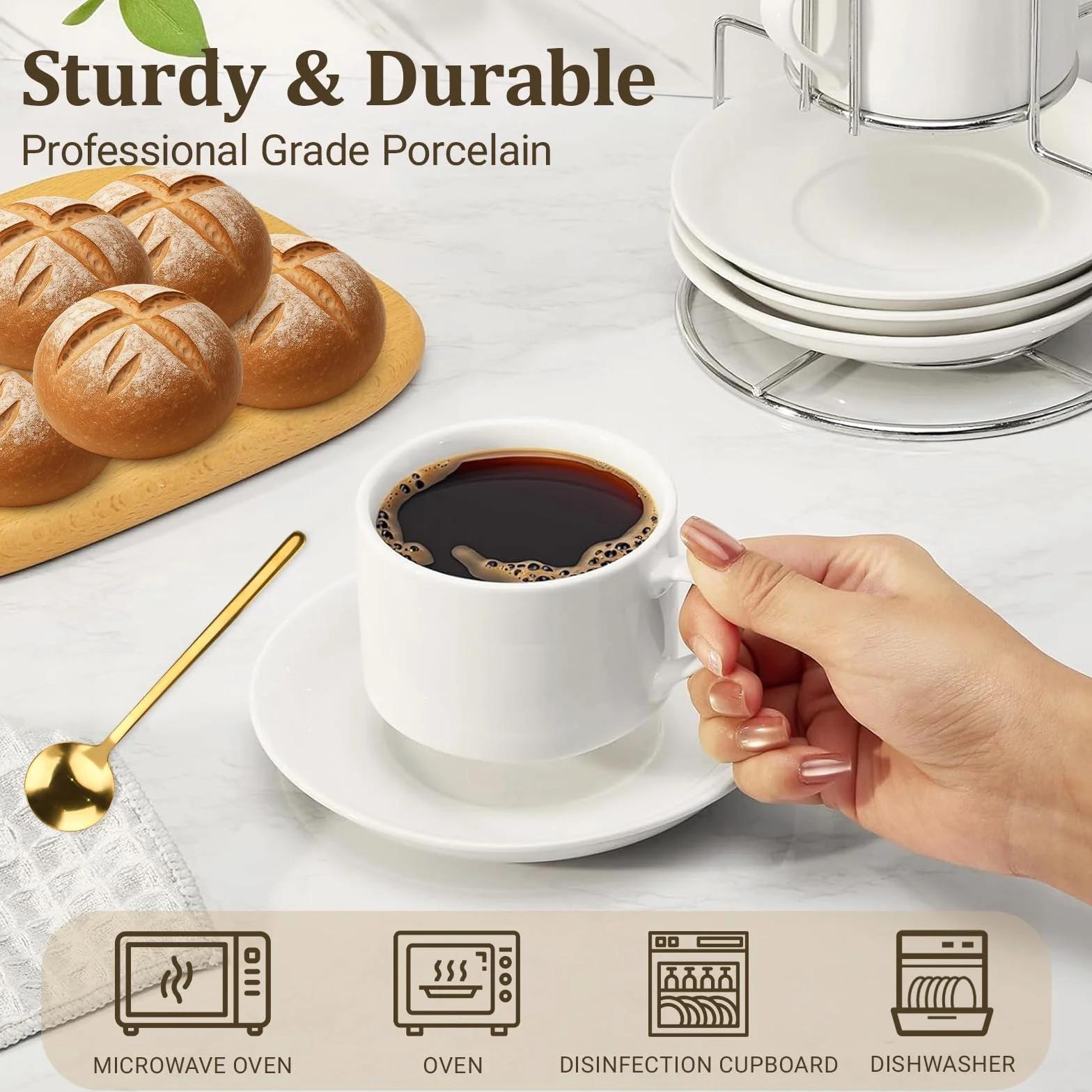 Filiżanki do espresso, zestaw 4 sztuk, 4 x 5oz(160ml), ze spodkiem i podstawką, filiżanki do kawy Espresso Americano, cappuccino, latte i herbaty (z 4 łyżeczkami do kawy)