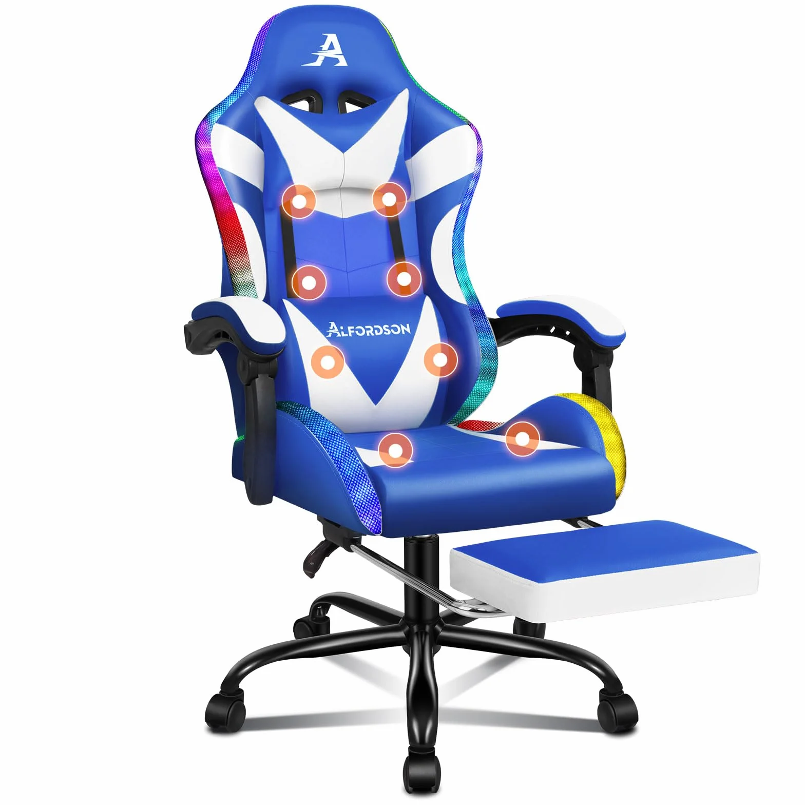 ALFORDSON Fotel biurowy, fotel gamingowy, ergonomiczny fotel dla graczy z podnóżkiem, zagłówek, poduszka lędźwiowa, krzesło obrotowe, udźwig 180 kg, niebiesko-biały