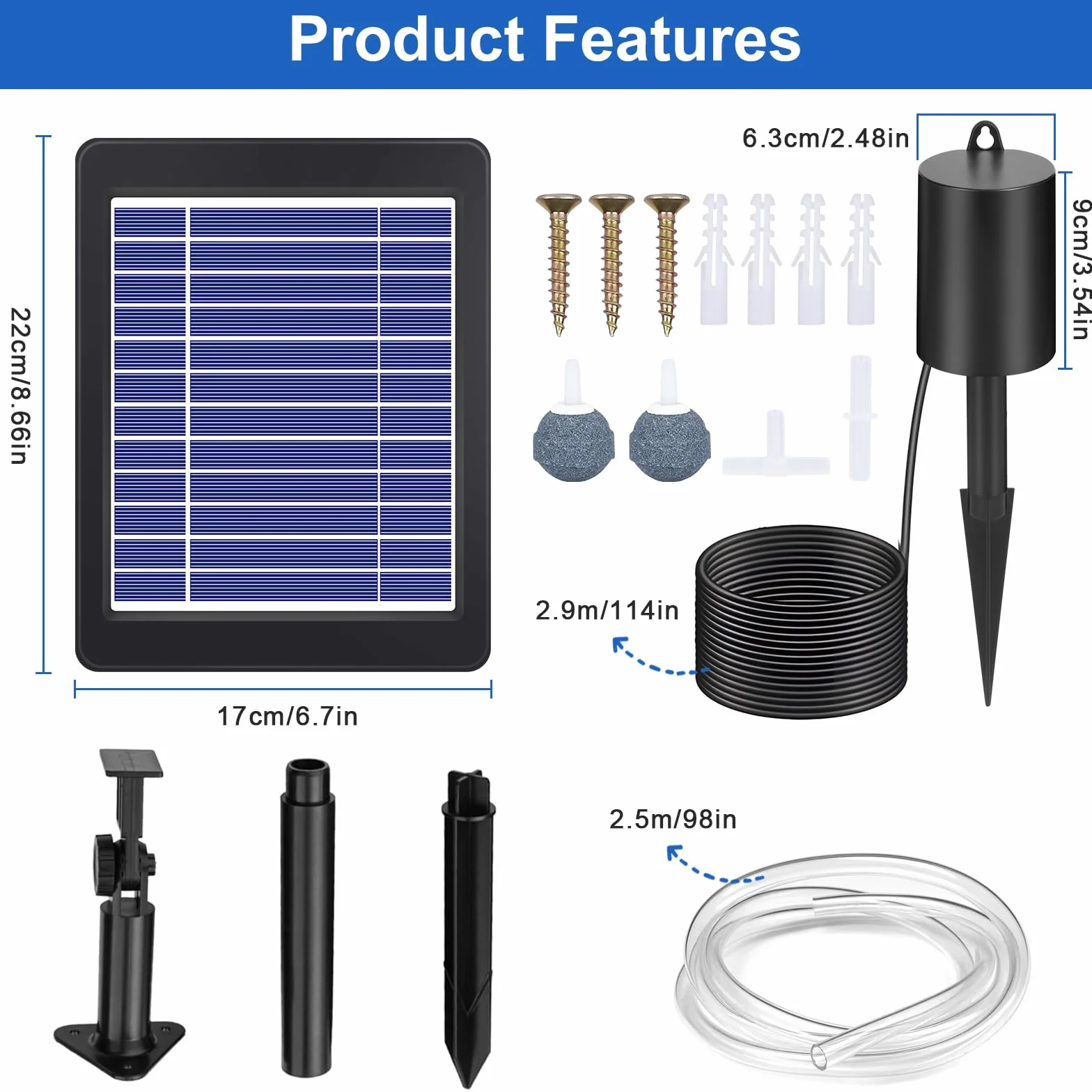GuKKK Solar Power Air Pump Kit, Solar Oxygen Pump for Aquarium 4W Solar Staw Aerator Węże i Kamienie Wentylacyjne Do Zbiornika Ryb, Staw Rybny