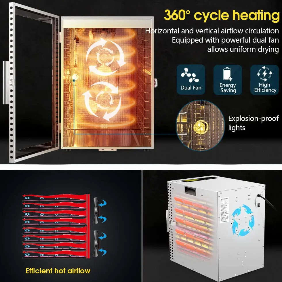 Suszarka do żywności ze stali nierdzewnej 12 garnków podwójny wentylator 360° timer 24h regulacja temperatury 20-90°C